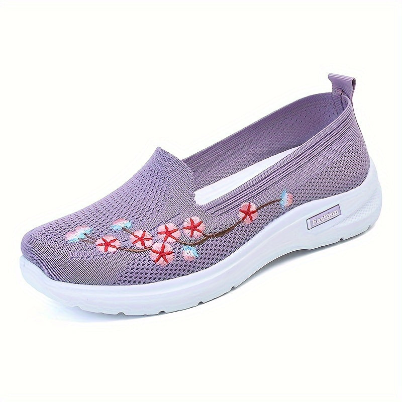 Ladies' Knitted Fabric Running Shoes with Embroidered Double-Layered Soles