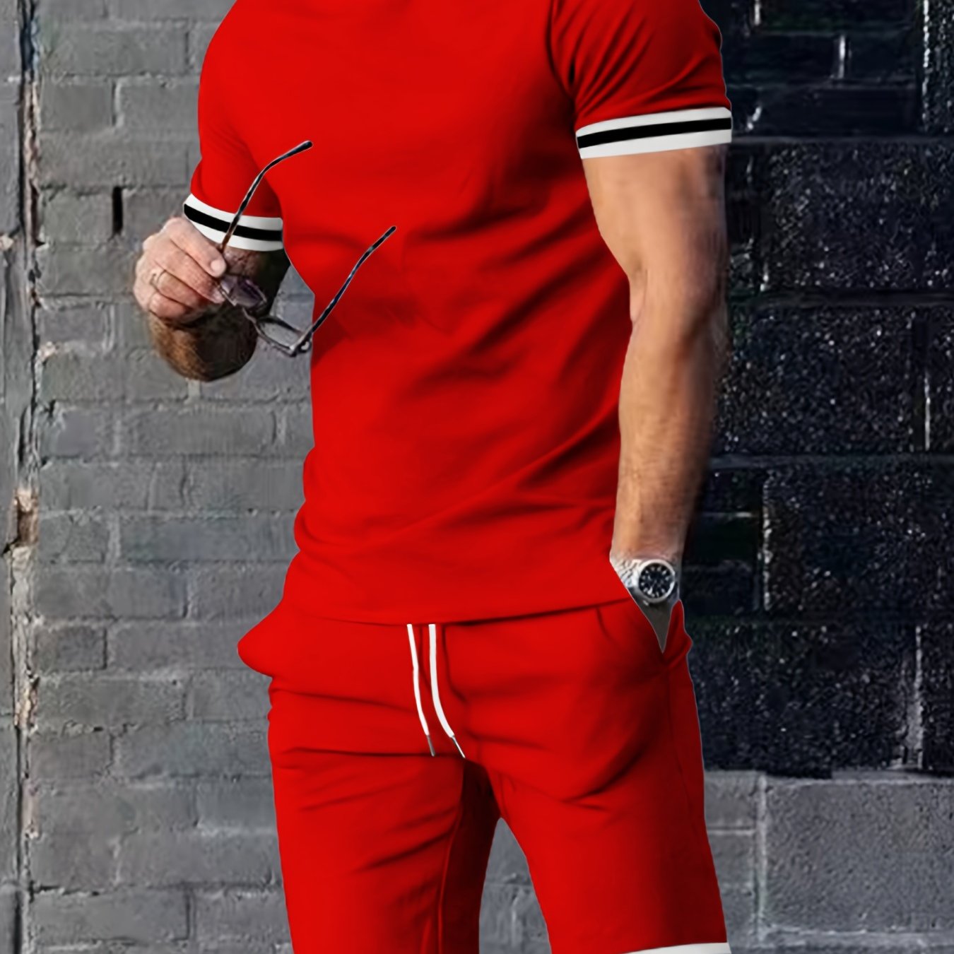 Men's Summer Sports Suit Short Sleeve Polyester Solid Color Casual Athletic Set