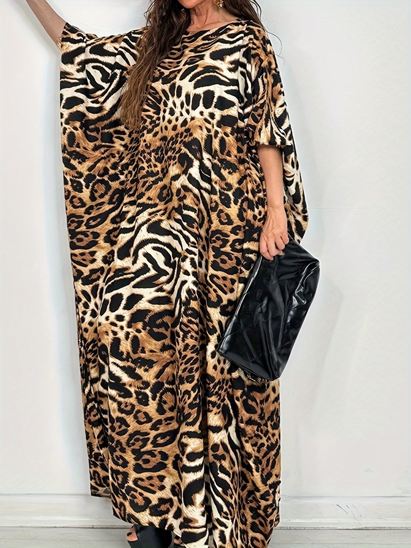 Bata abaya con estampado de leopardo para mujer, de manga larga, caftán para noche