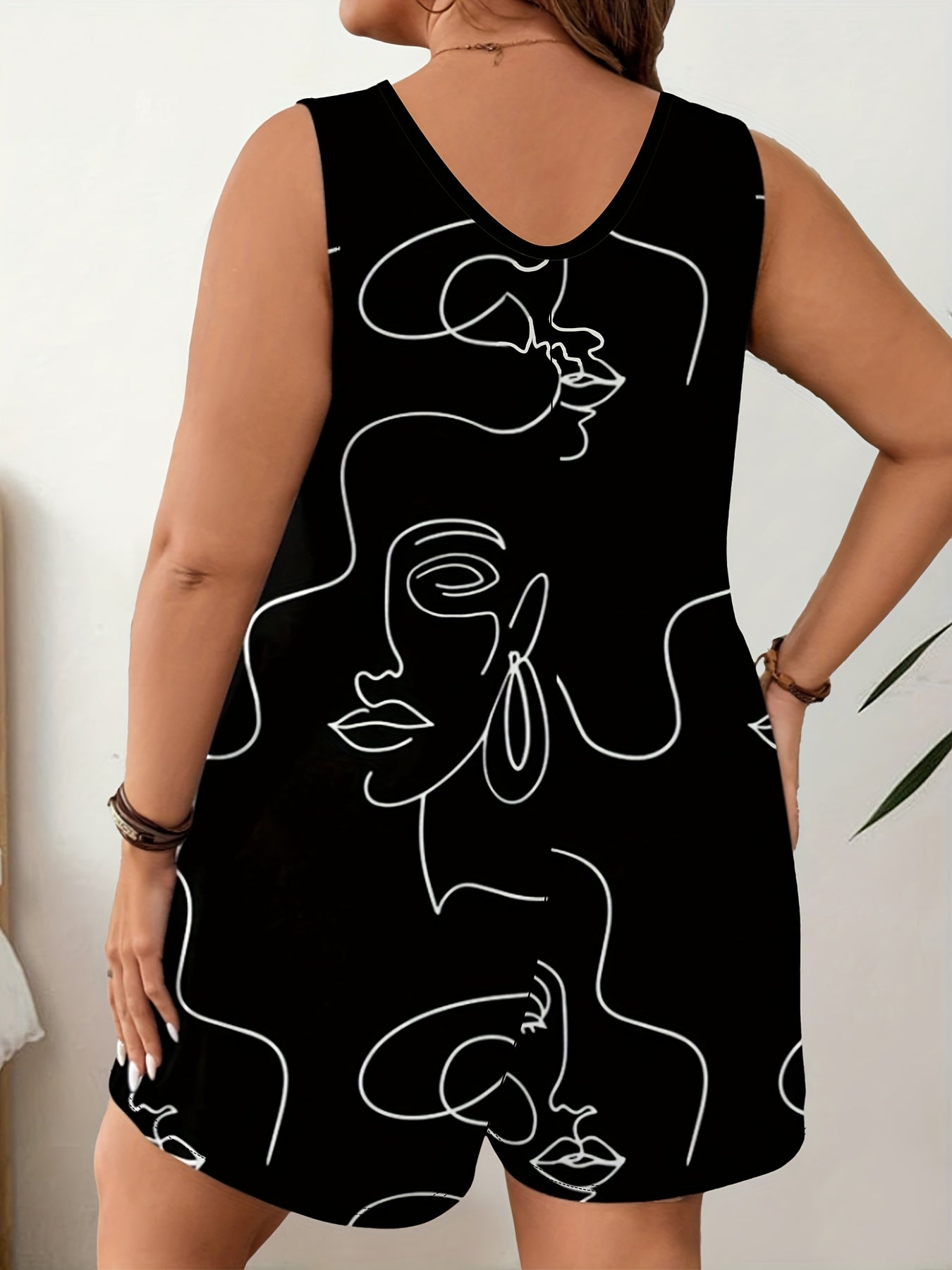 Plus Size Sleeveless Jumpsuit Black Stretchy Fabric Artistic Line Print Casual Summer