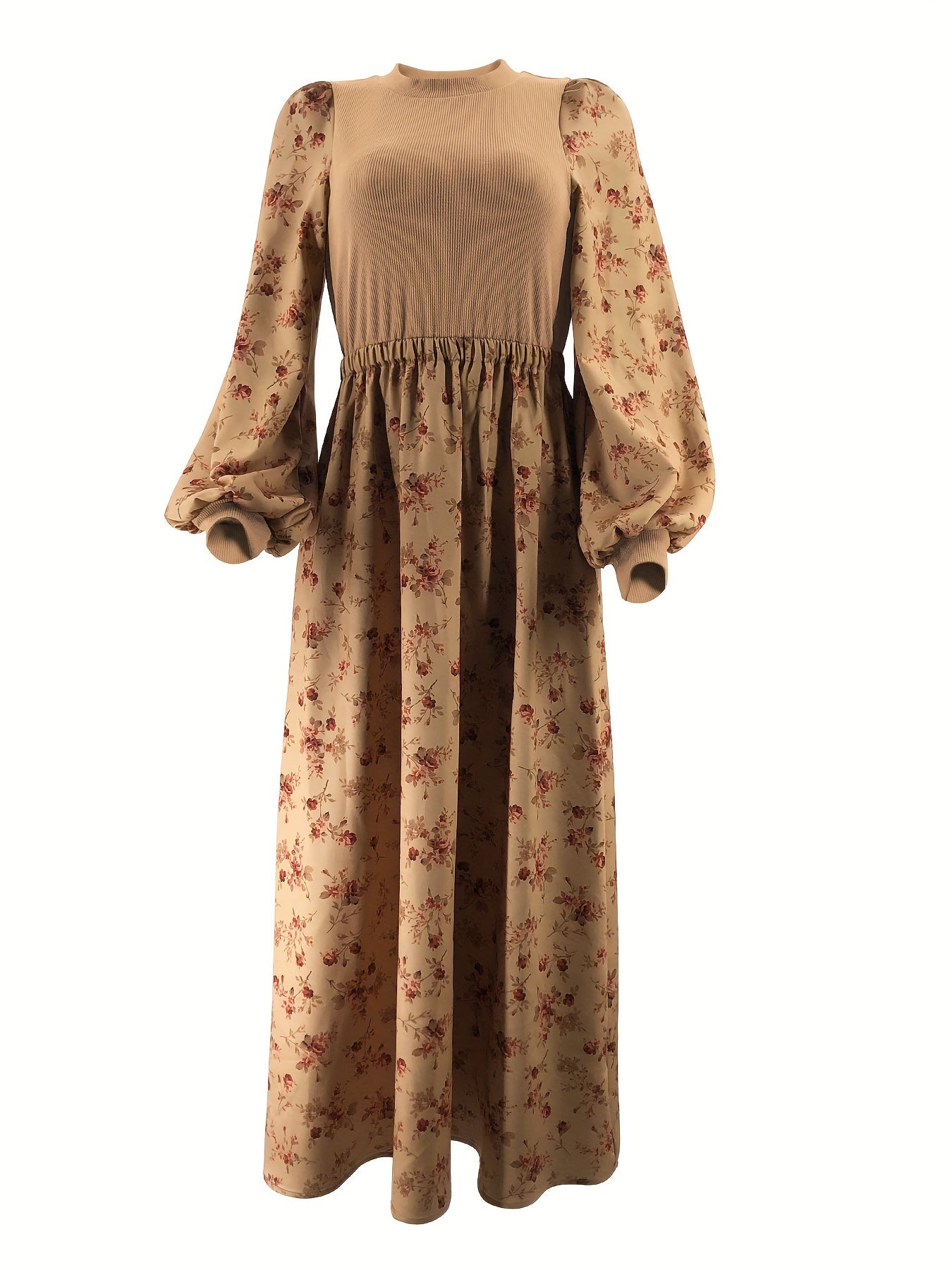 Vestido kaftán de cuello redondo con estampado floral, mangas largas y longitud maxi