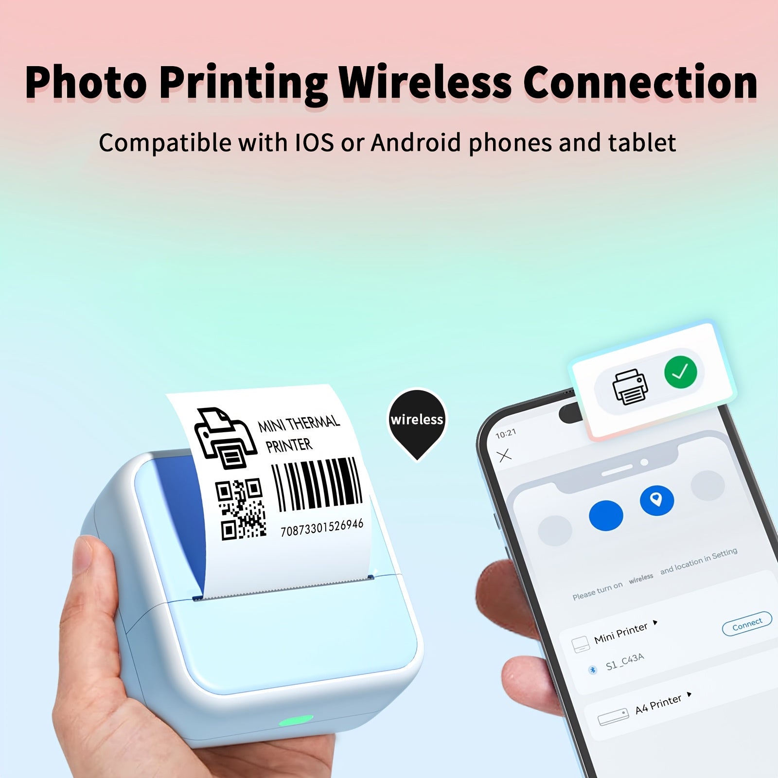 Portable Thermal Label Printer Wireless Battery-Powered for Android iOS Monochrome