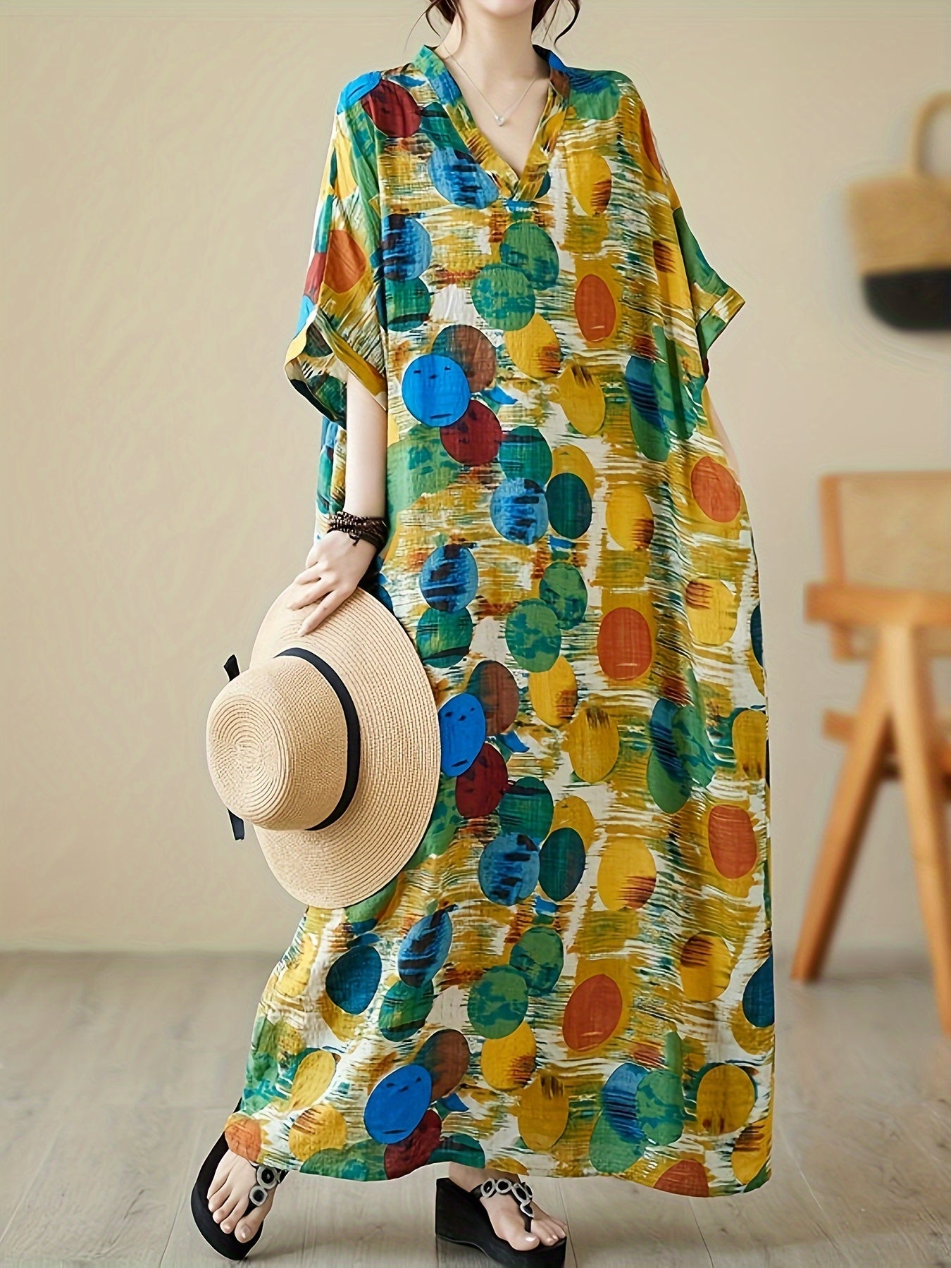 Plus Size V-Neck Maxi Dress with Colorful Pattern and Kimono Style