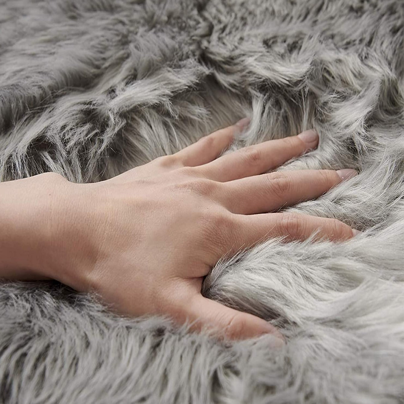 Grey Faux Fur Area Rug and Chair Pad Set, Cozy, 12-Inch Seat Cover