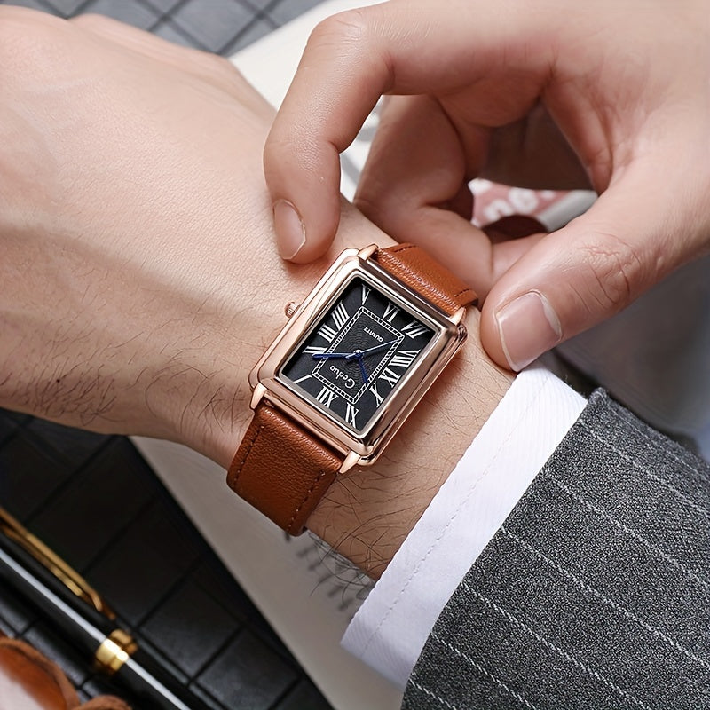 Men's Square Quartz Watch with Roman Numerals and Leather Strap
