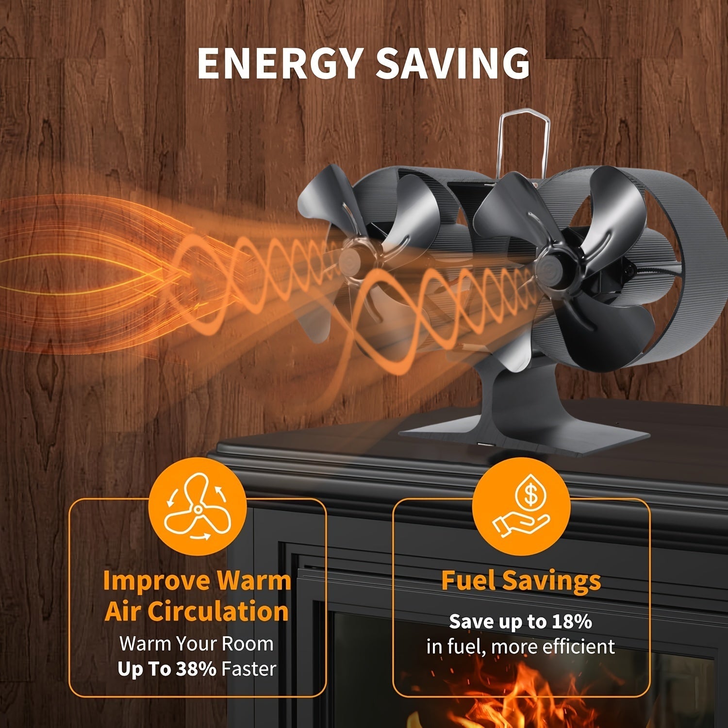 Wood Stove Fan 8 Blades Heat Powered Quiet Air Circulation for Wood Gas Pellet Burners