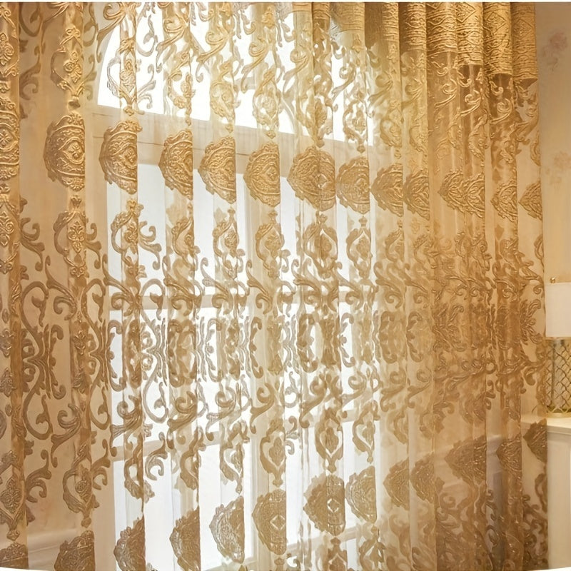 Cortinas de gasa de lujo con ojales, poliéster de tul con diseño jacquard dorado para sala de estar y dormitorio