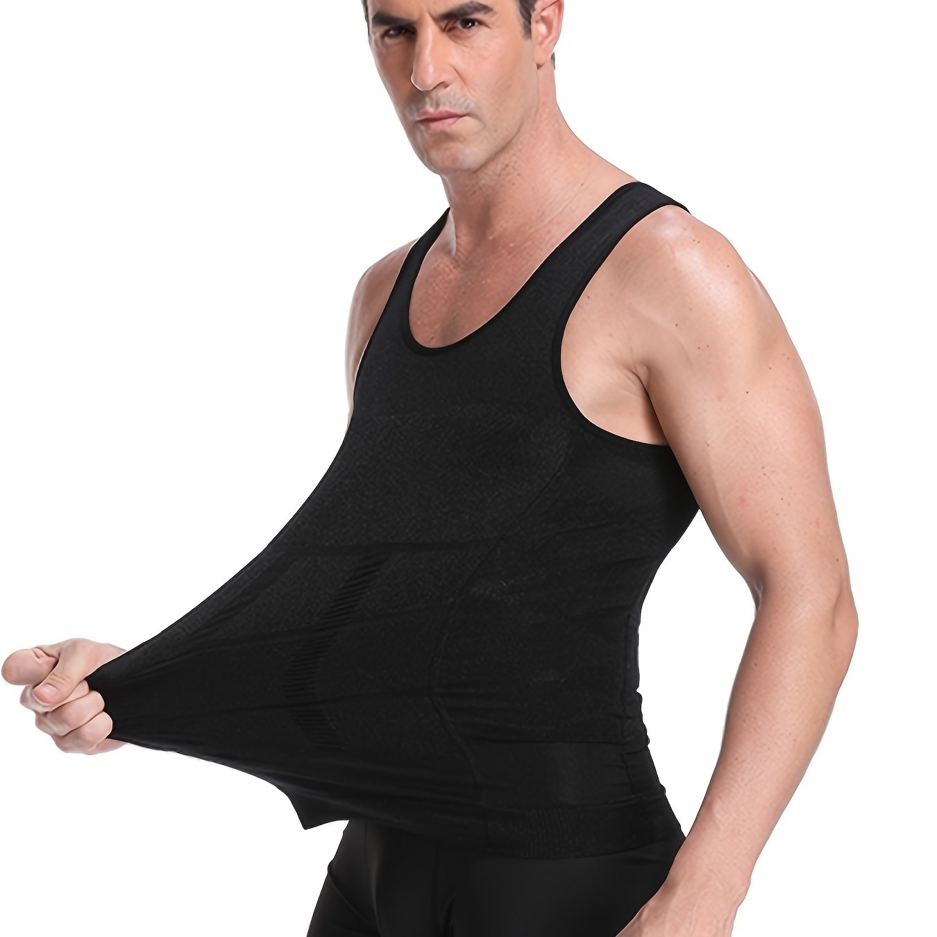 Camiseta sin mangas ajustada para hombre, moldeadora del cuerpo, de nylon y spandex, ajuste delgado, sin mangas, de color sólido