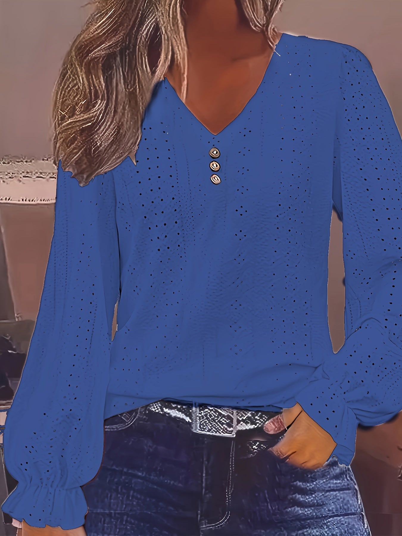Plus Size Eyelet Button Decor T-Shirt Casual V Neck Long Sleeve Top