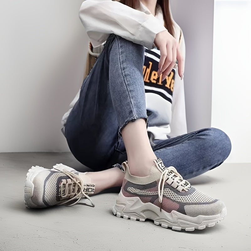Women's Knit Sneakers Color-Block Low-Top Running Shoes Lightweght Fabric