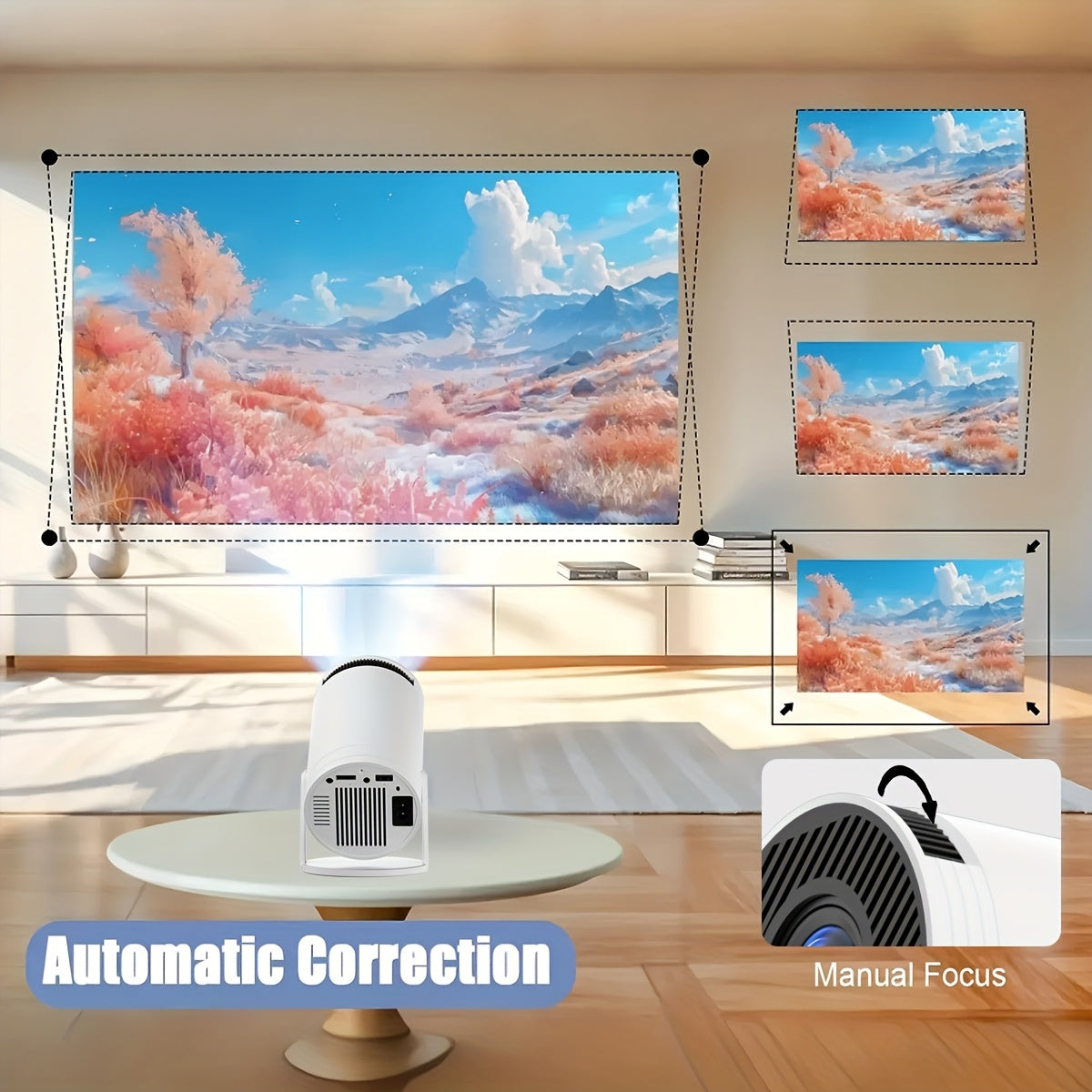 Proyector mini portátil 1080P soporte 180° rotatorio corrección trapezoidal automática blanco