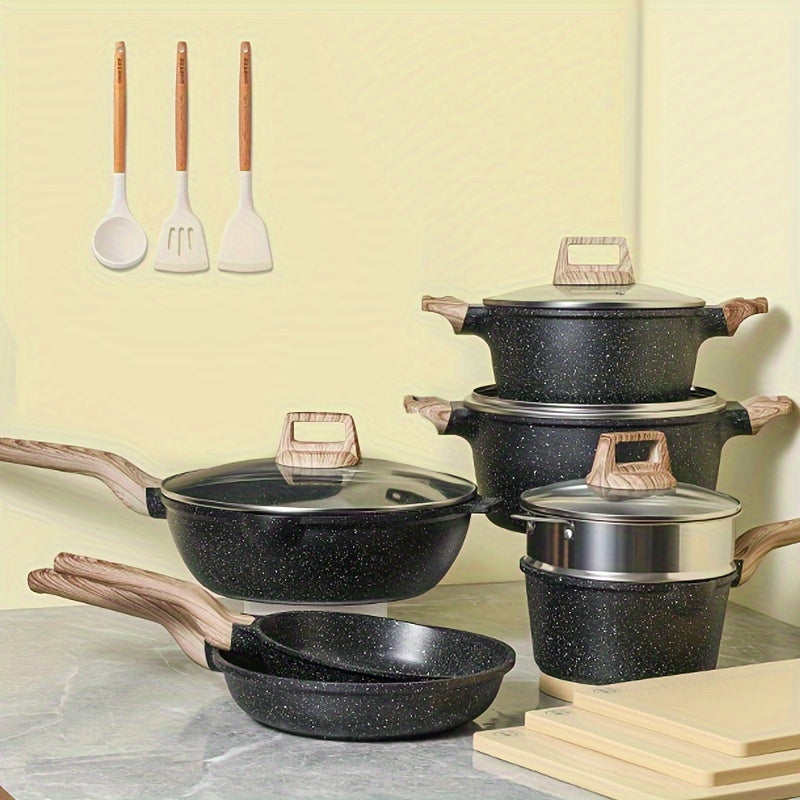 Juego de sartén y wok antiadherentes negro con recubrimiento de piedra Maifan para gas y inducción