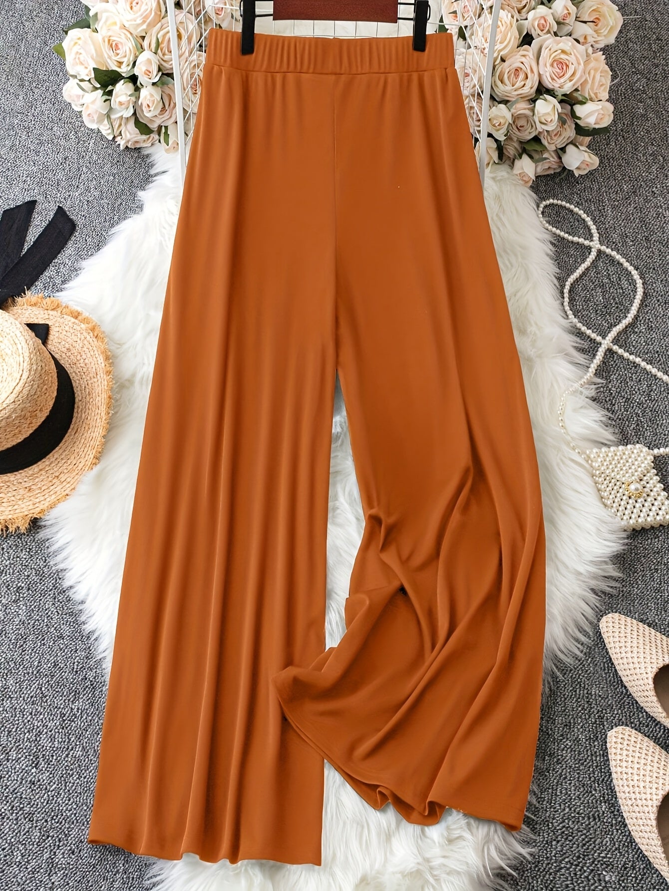 Women's Plus Size Wide-Leg Pants Elastic Waist Casual Trousers Burgundy Yellow