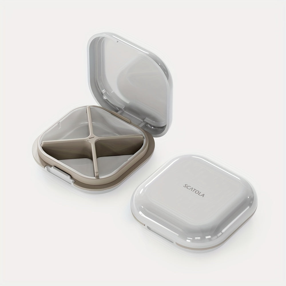 White and Blue 4-Compartment Pill Organizer with Transparent Lid for Travel and Daily Use