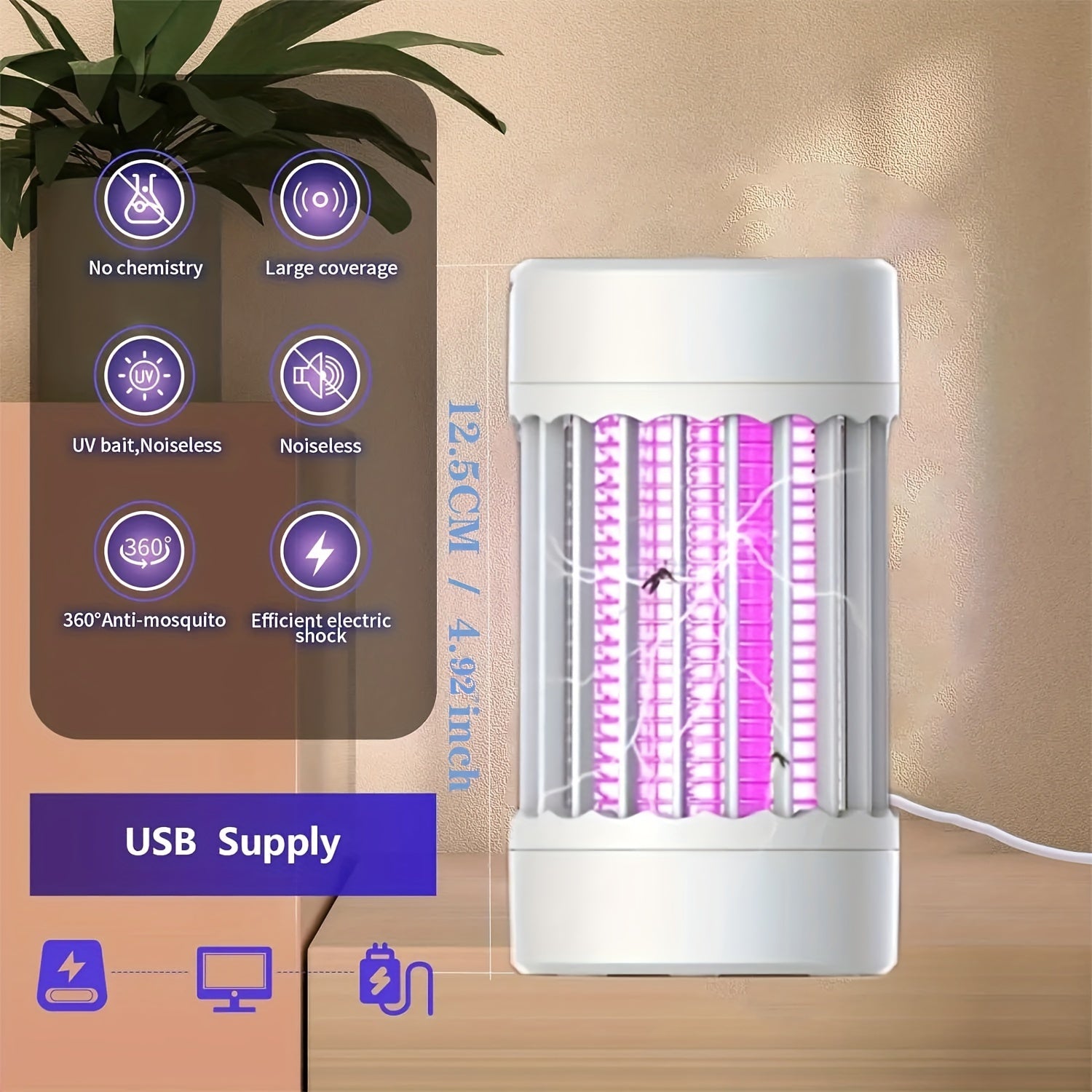 Purple UV Light Mosquito Killer USB Plug-In Wall Mount Desktop Electric Shock Indoor Pest Control