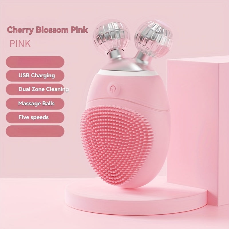 Electric Silicone Facial Cleansing Device Dual Roller 5-Speed Vibration Rechargeable