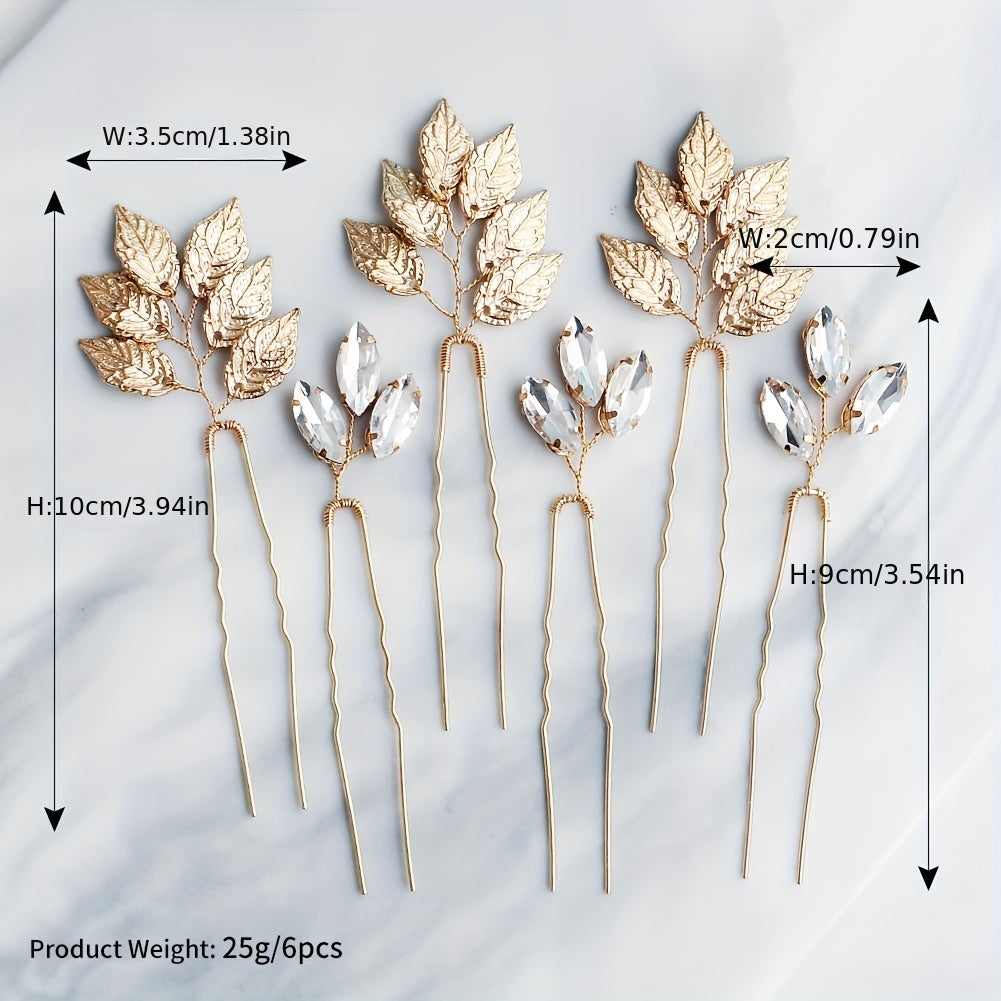 Set of 6 Leaf and Rhinestone Hair Pins for Bridal Wedding Hair Accessories