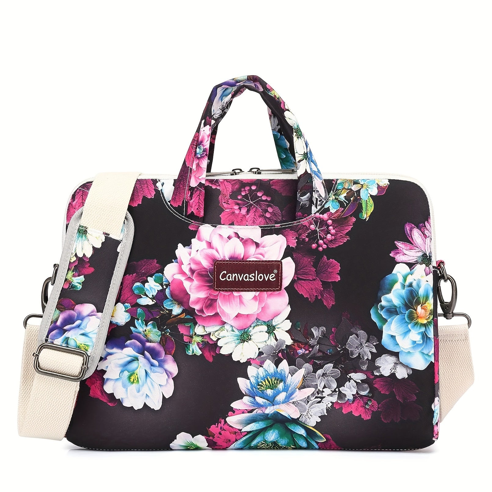 Water-Resistant Canvas Laptop Bag with Rose Pattern and Adjustable Shoulder Strap