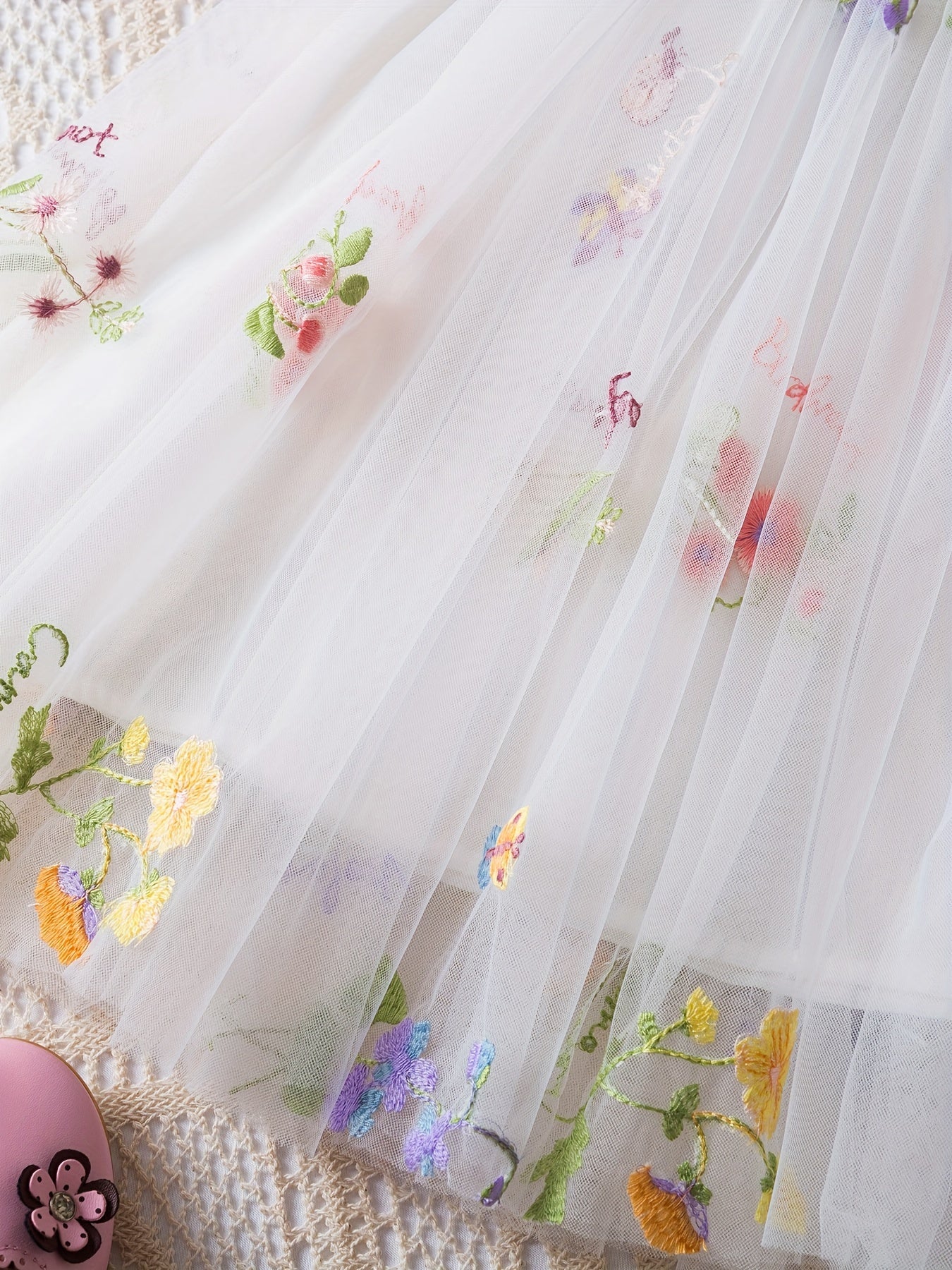 Baby Girl Sleeveless Mesh Dress with Flower Embroidery for Summer Birthdays