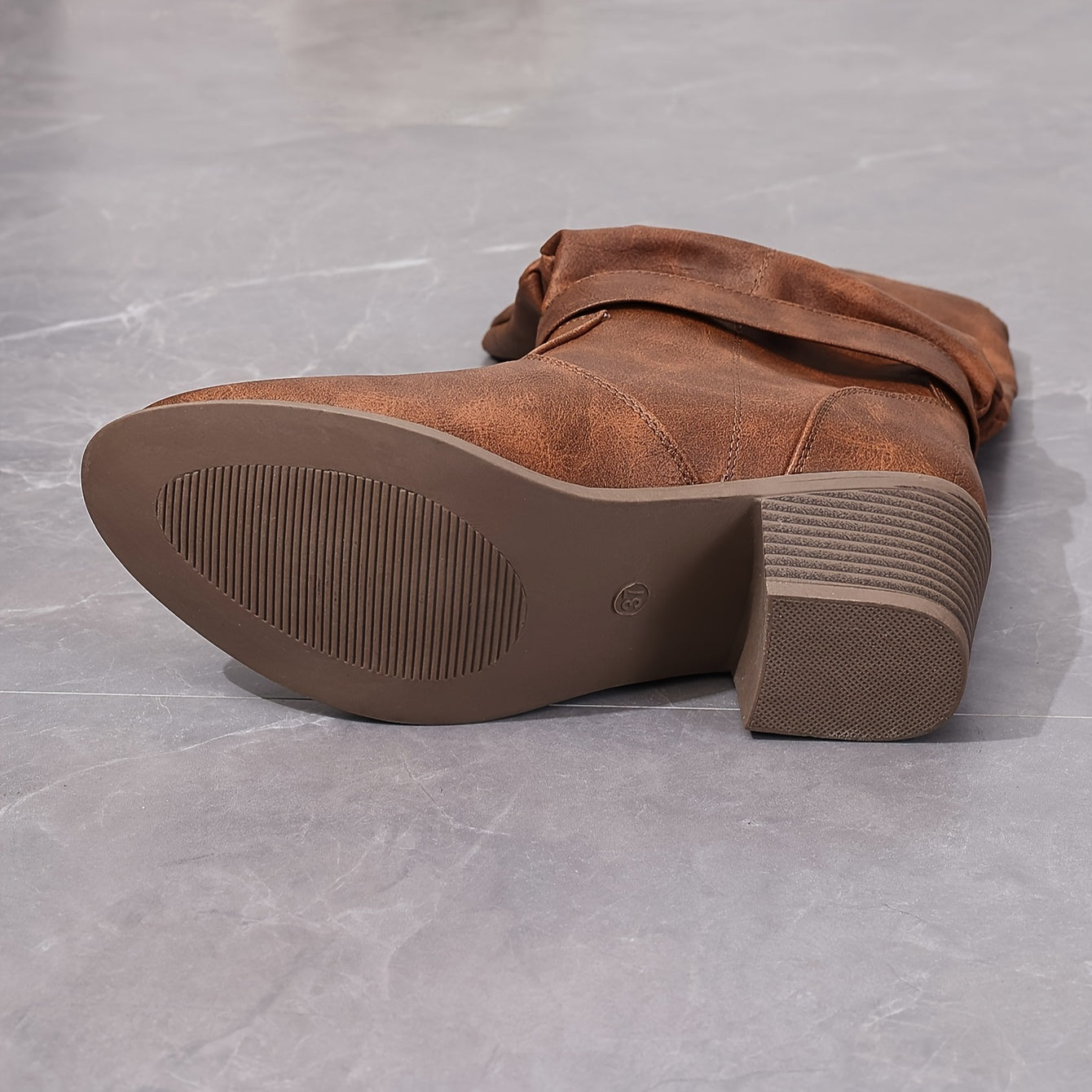 Women's Mid-Calf Faux Leather Slip-On Boots with Chunky Heel and Buckle