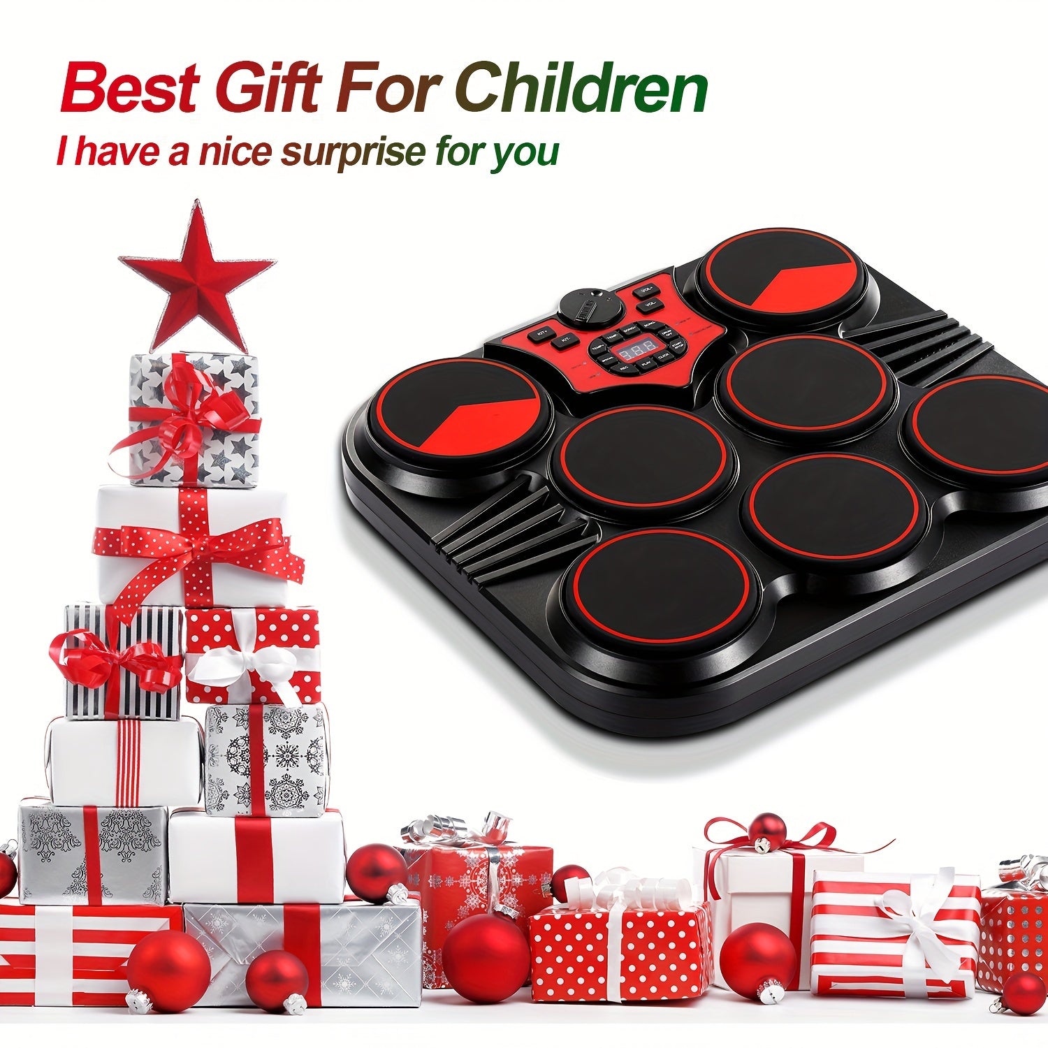 Portable Electronic Drums with Foot Pedal and Drumsticks Black 10H Playback USB Recording