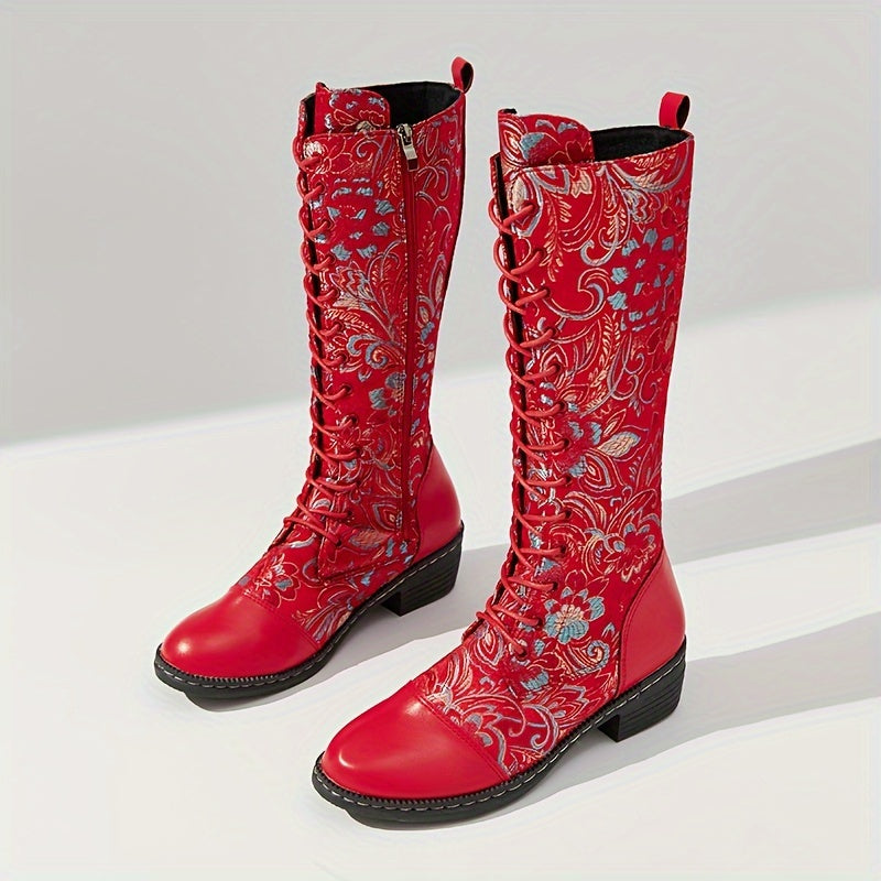 Women's Embroidered Faux Leather Knee-High Boots with Side Zipper