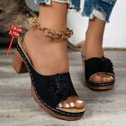 Women's Floral Embellished Mid-Heel Slide Sandals Open-Toe Beige Dressy Footwear