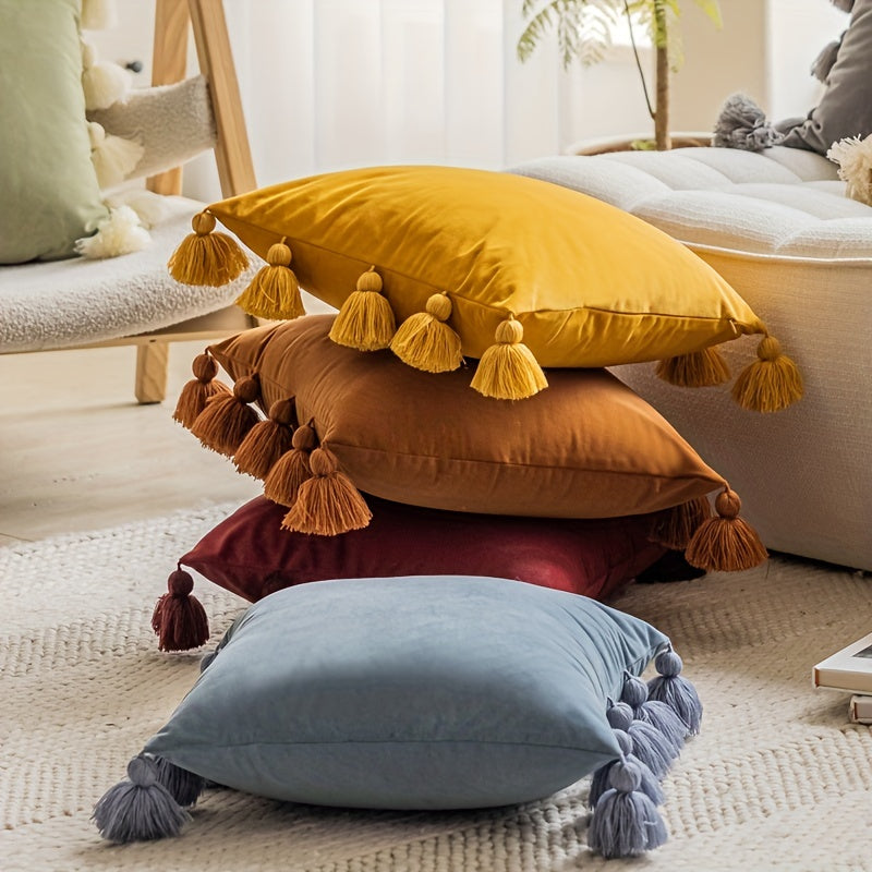 Boho Style Velvet Throw Pillow Cover 44x45 cm Solid Color with Tassels for Home Decor