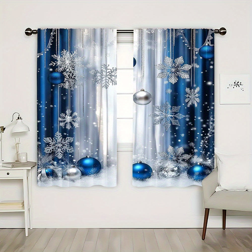 Blue Festive Curtain Set Includes 2 Polyester Digital Printed Rod Pocket Drapes for Living Room Kitchen Dining
