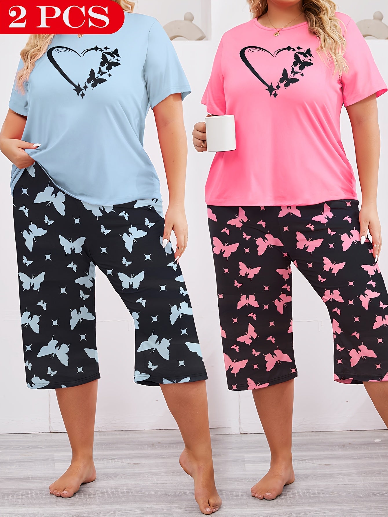 Plus Size Women's Casual Pajama Set Short Sleeve Capri Pants Heart Print Two Colors