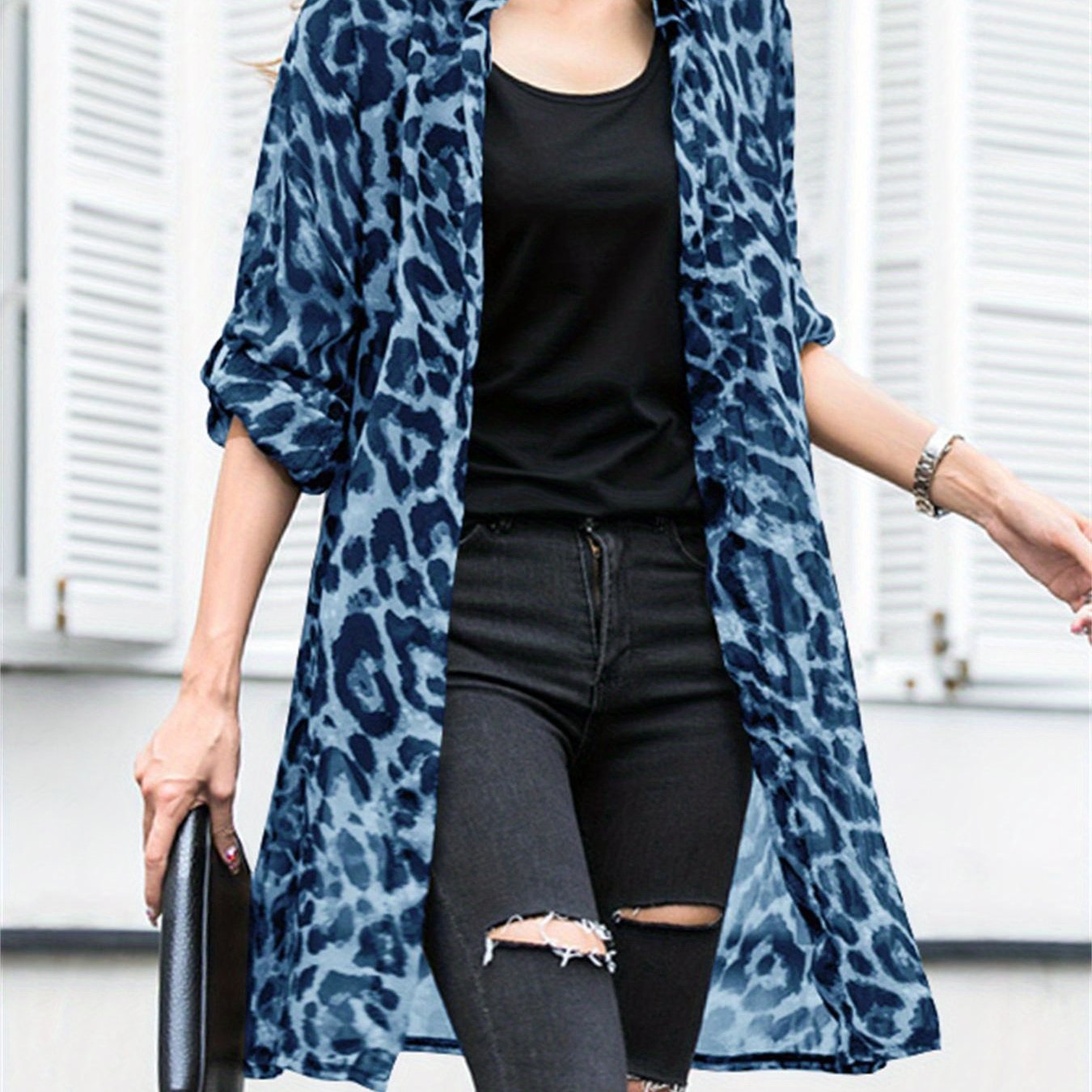 Ayollar uchun katta o'lchamli leopard bosma uzun qoʻl kimono kardigan