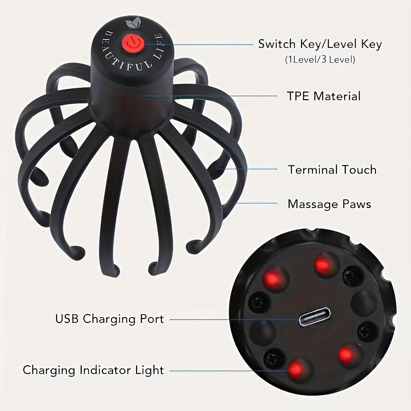 Elektr Octopus Claw bosh massajchisi, 3 ta tebranish darajasi, LED qizil chiroq, USB orqali zaryadlanadigan batareya, TPE material - hammaga mo'ljallangan ideal sovg'a.