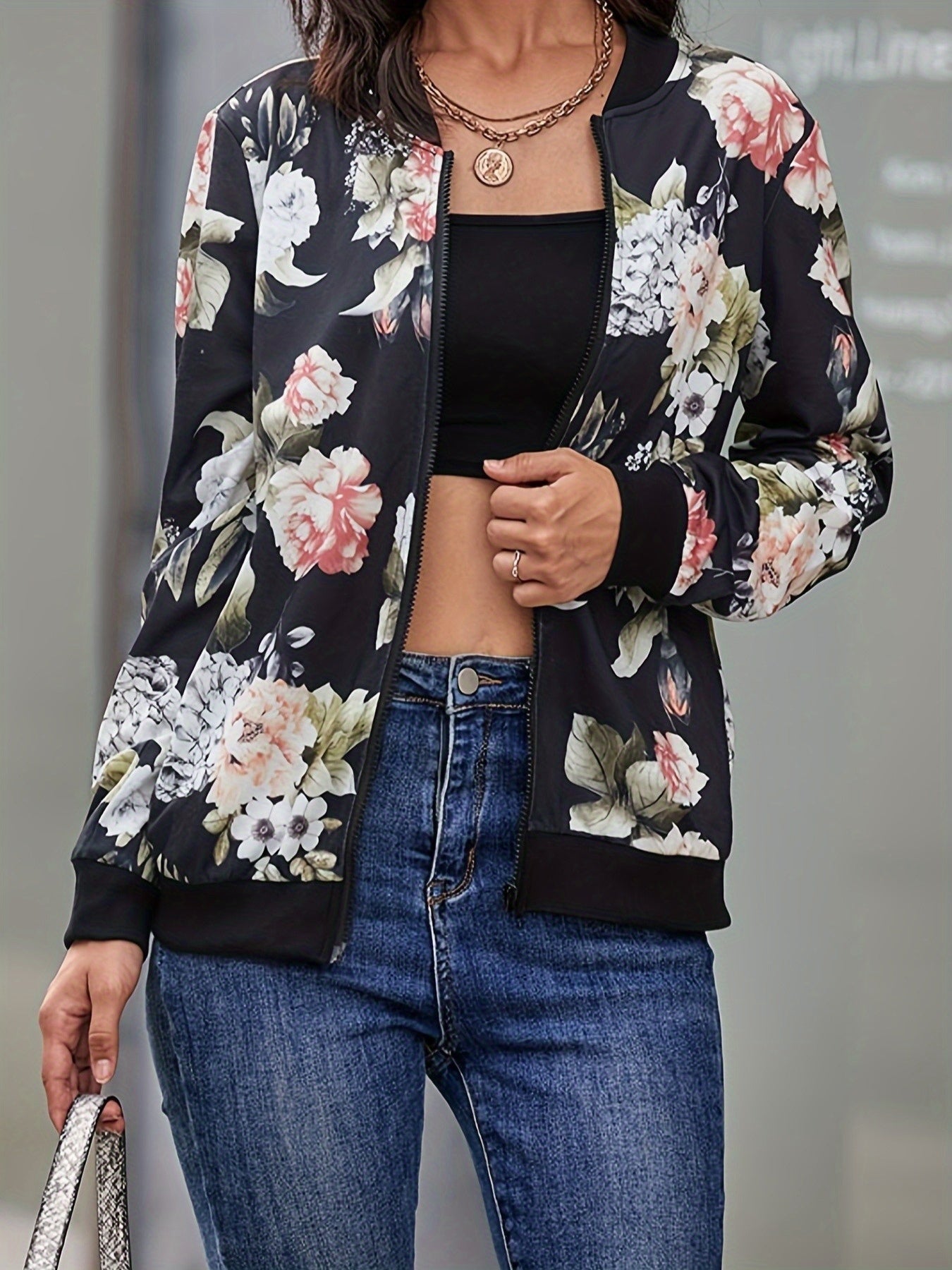 Толстовка на молнии для женщин больших размеров с цветочным принтом, длинные рукава, черная, розовая, белая