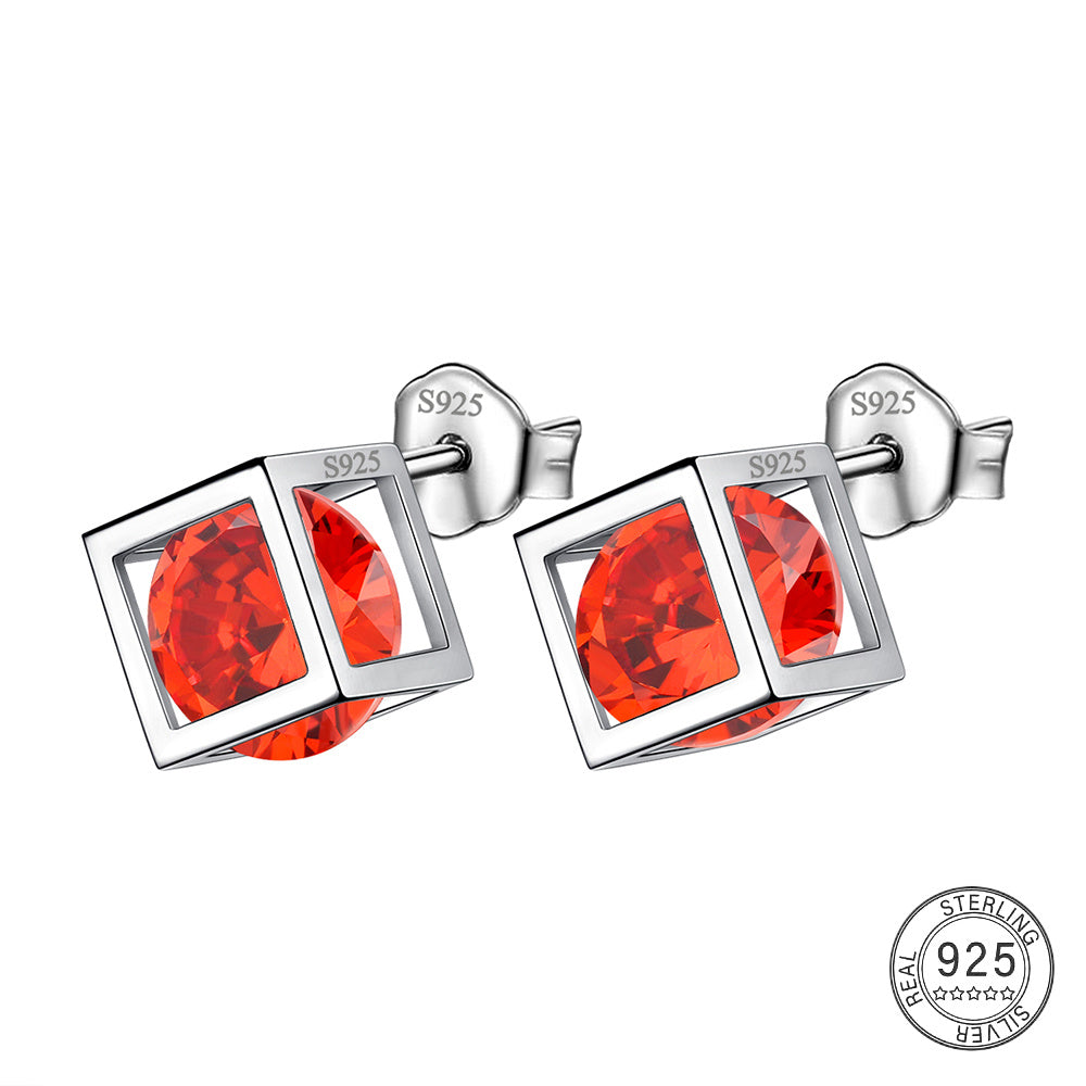 Small 3D Cube Birthstone Stud Earrings for Women Sterling Silver Minimalist Birthday Gift