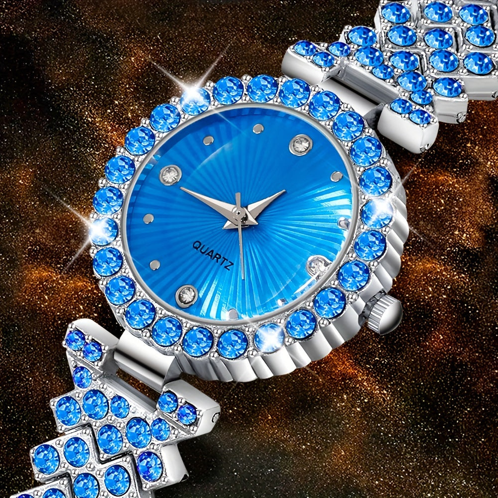 Women's Quartz Watch and Heart-Shaped Gemstone Jewelry Set in Blue Crystal with Zinc Alloy Band