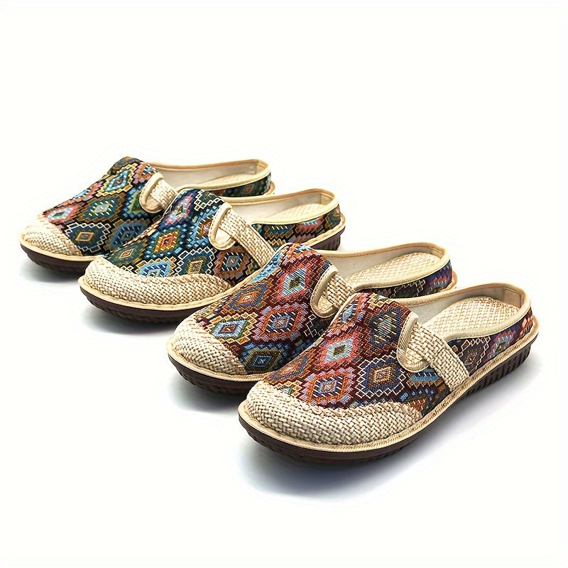 Women's Linen Slip-On Flats with Round Toe and Diamond Pattern for Summer