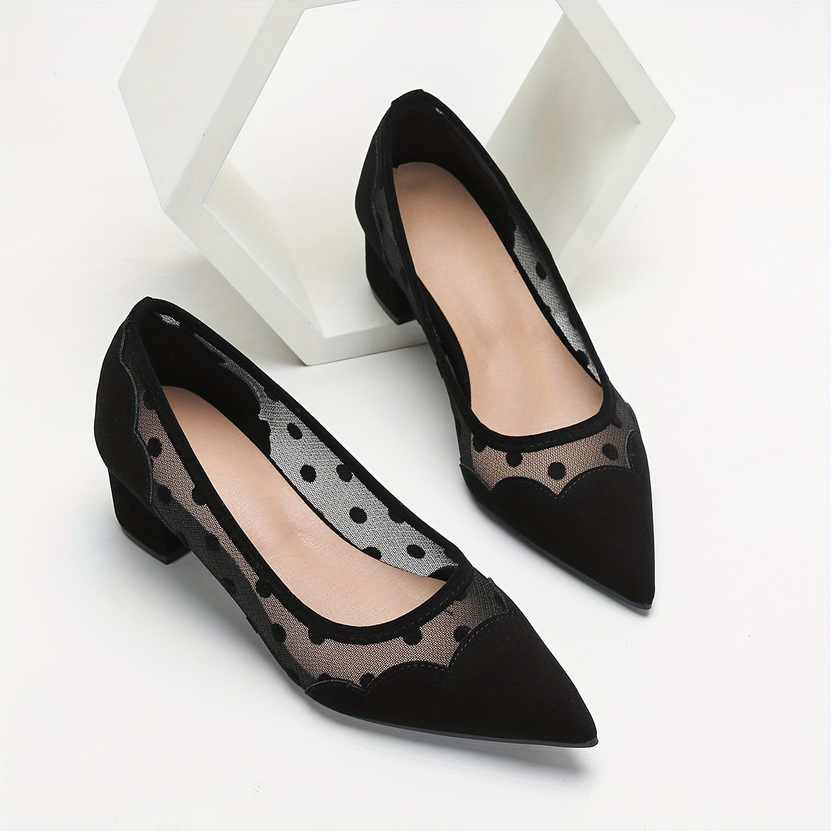 Women's Mesh Polka Dot Pointed Toe Pumps with Low Chunky Heel