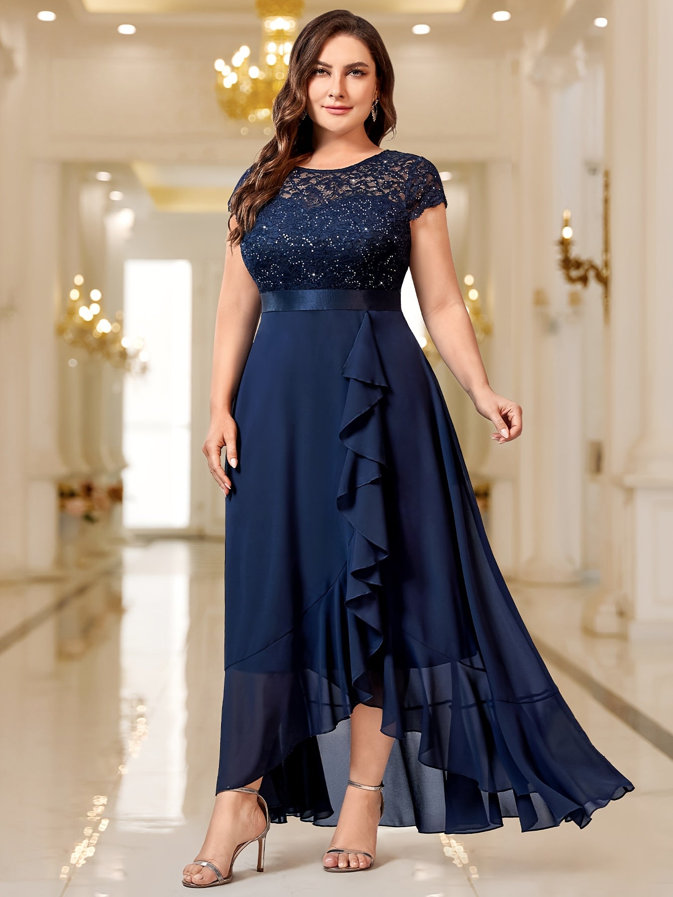 Vestido largo de talla grande para mujer con encaje de lentejuelas y dobladillo con volantes para fiesta formal