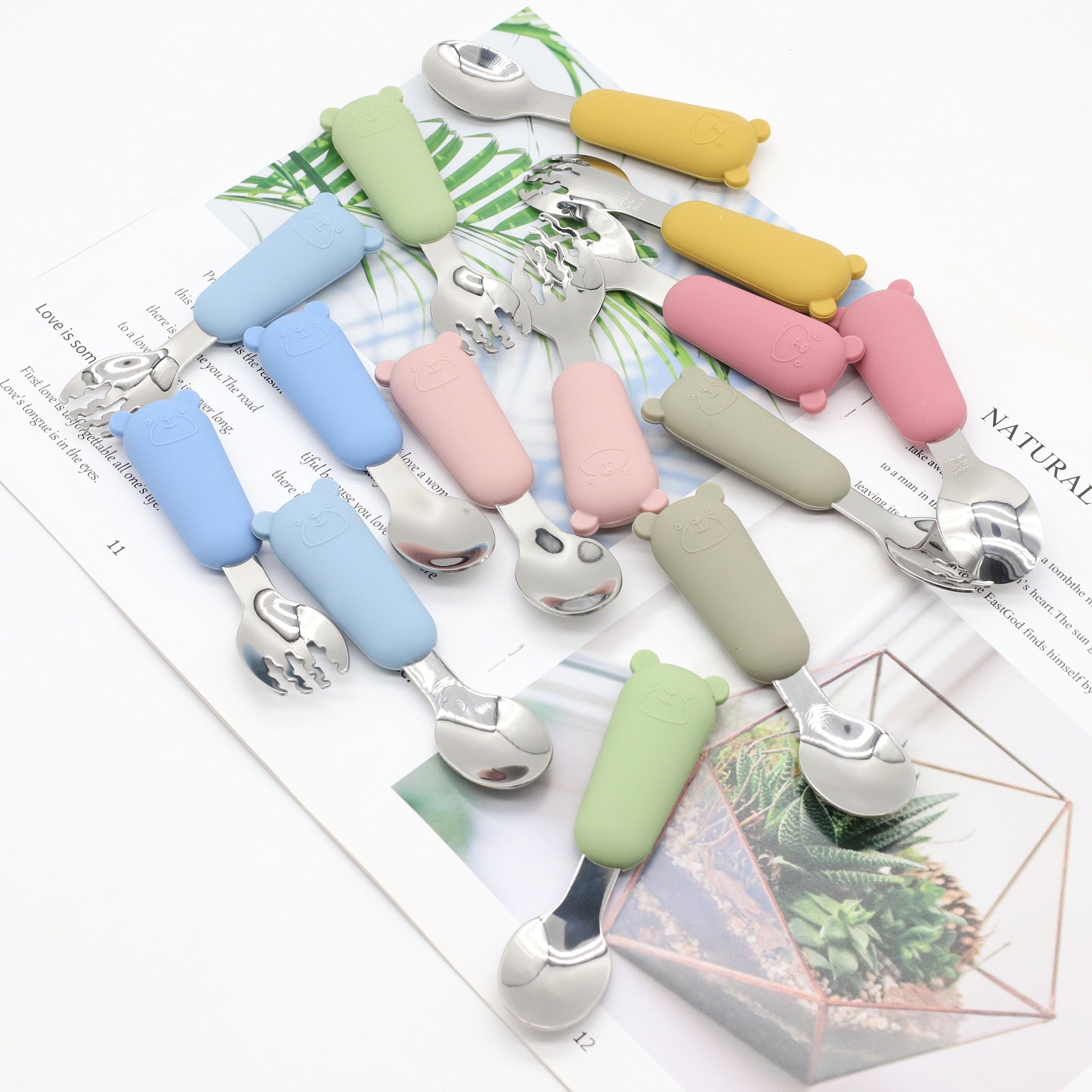 Baby Feeding Utensils Set Silicone and Stainless Steel Bear Shape for Babies Red Blue