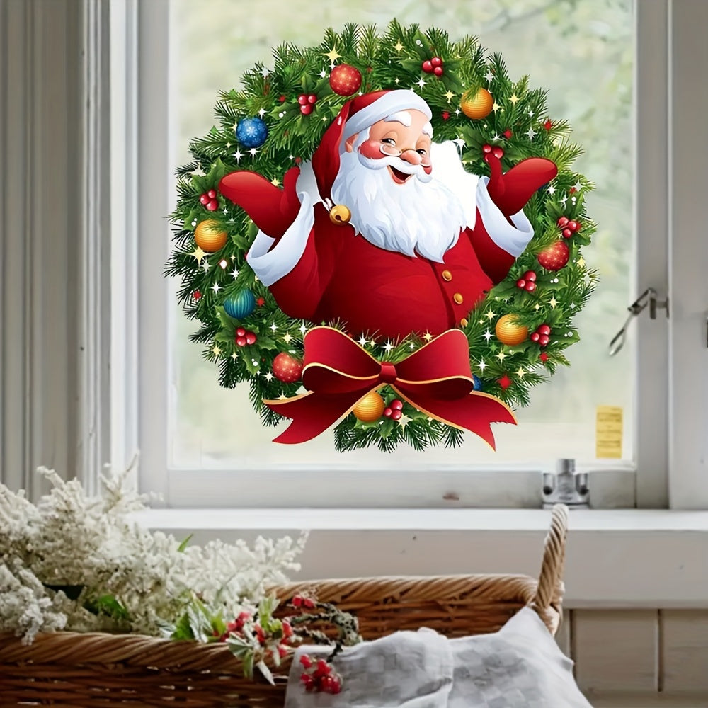 Modern Santa Claus Wreath Window Stickers Reusable PVC Holiday Decor