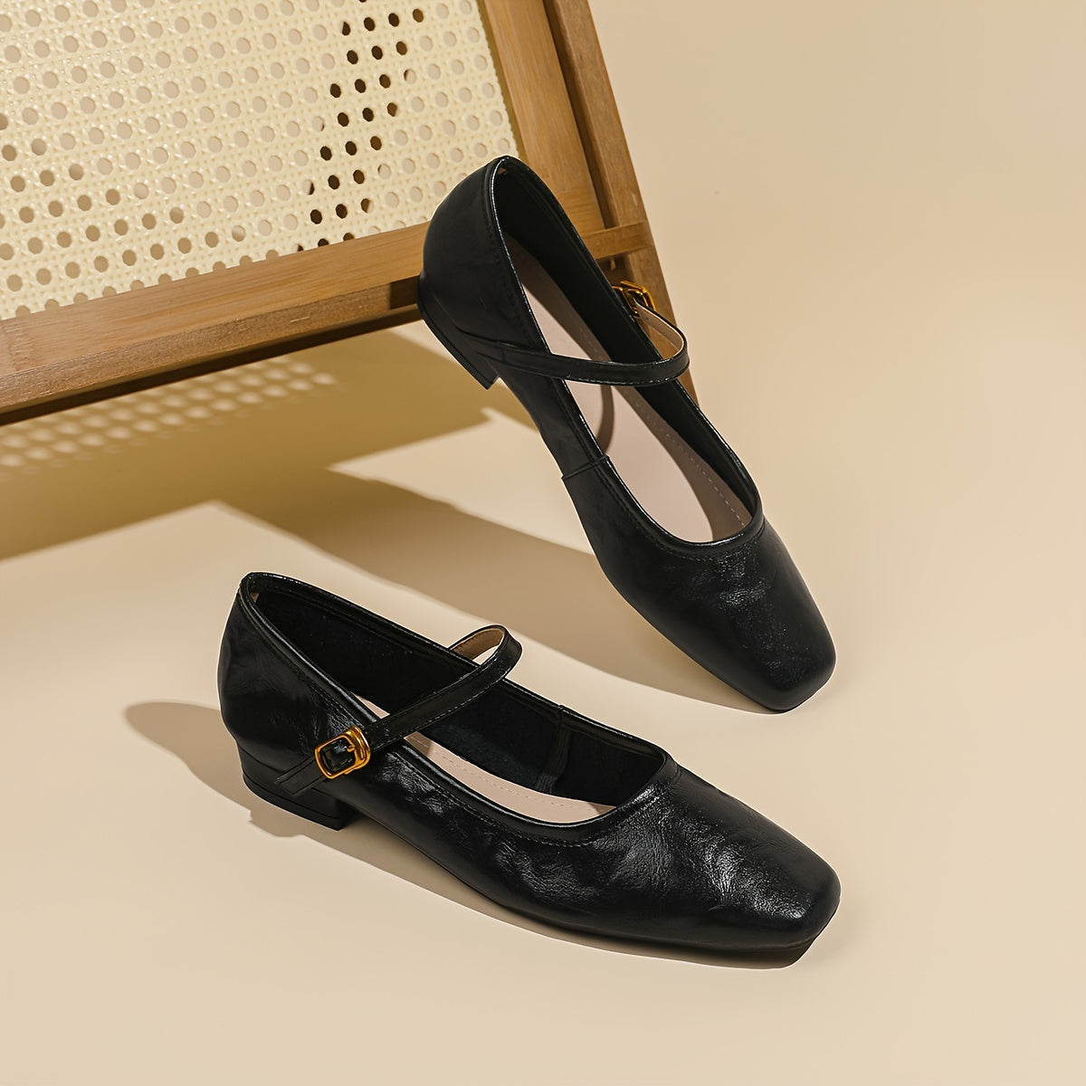 Women Black Faux Cover Mary Jane Flats with Low Heel and Ankle Strap