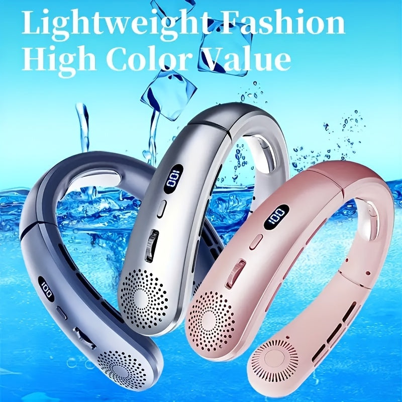 Portable USB Fan with LED Display Handheld Neck Hanging 10-Speed Rechargeable Battery for Travel Outdoor Beach