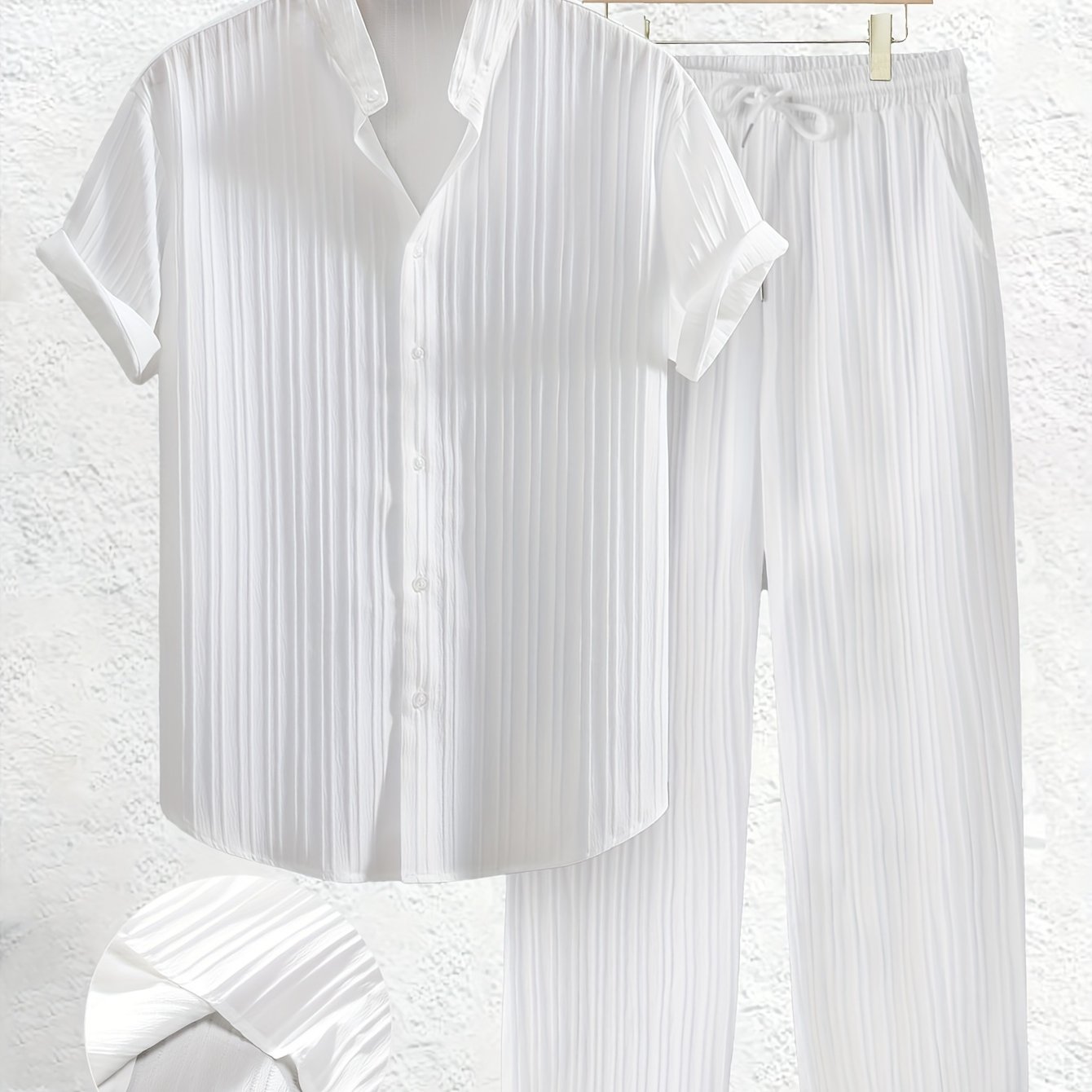 Men's Summer Solid Color Textured Shirt and Pants Set Polyester Casual