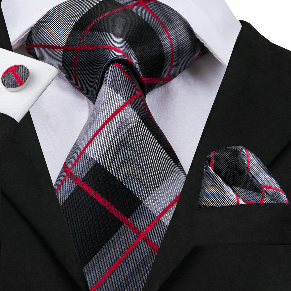 Men's Plaid Necktie Set with Hanky and Cufflinks for Weddings Business and Parties