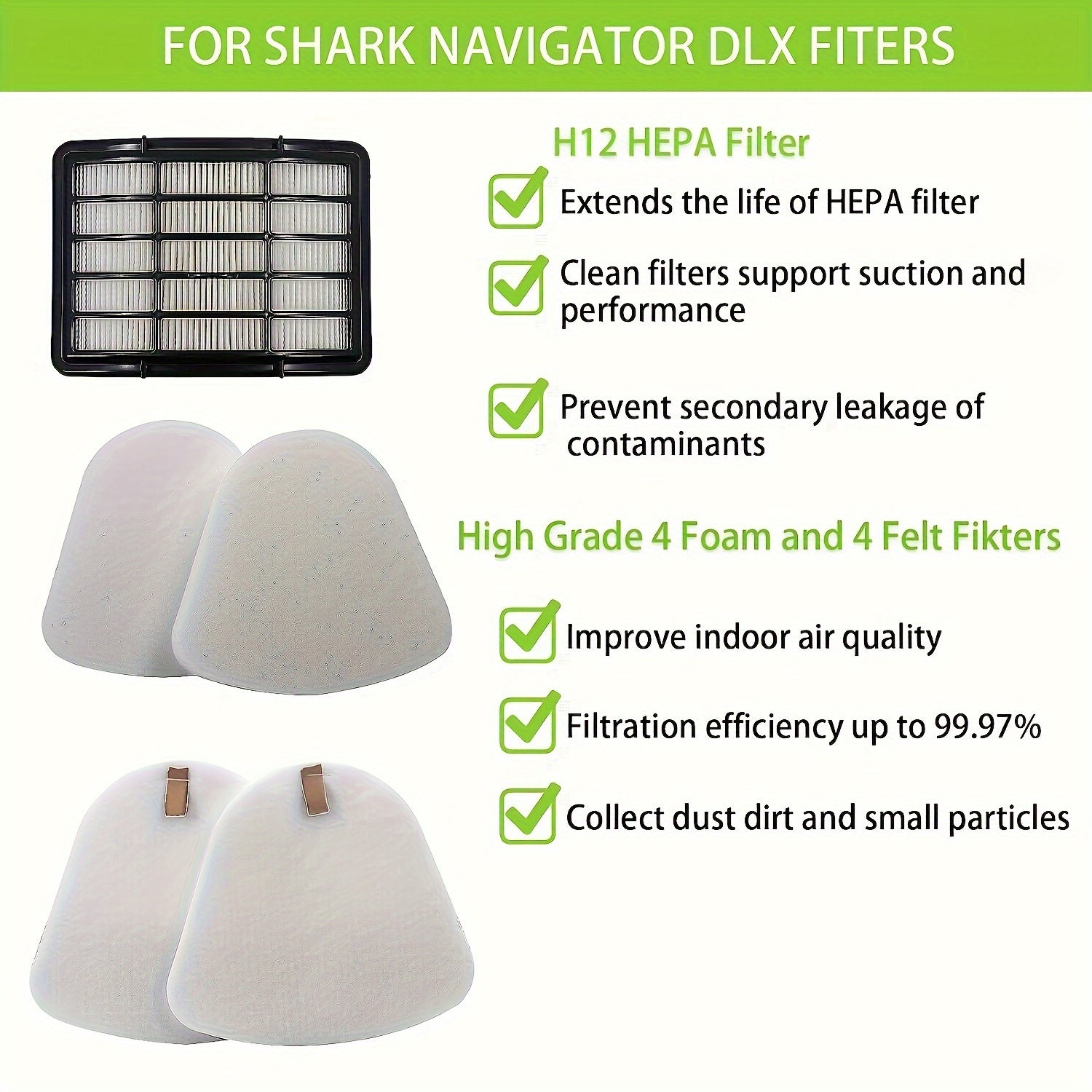 XFF350 va XHF350 qismlarini Navigator NV350, NV351, NV352, NV355, NV356E, NV357, NV360, NV370, NV391, UV440, UV490, UV500, UV540, UV541 va UV550 uchun taqqoslash: 4 ta ko'pik filtr, 4 ta tuya filtr va 2 ta yuqori samarali filtrni o'z ichiga oladi.