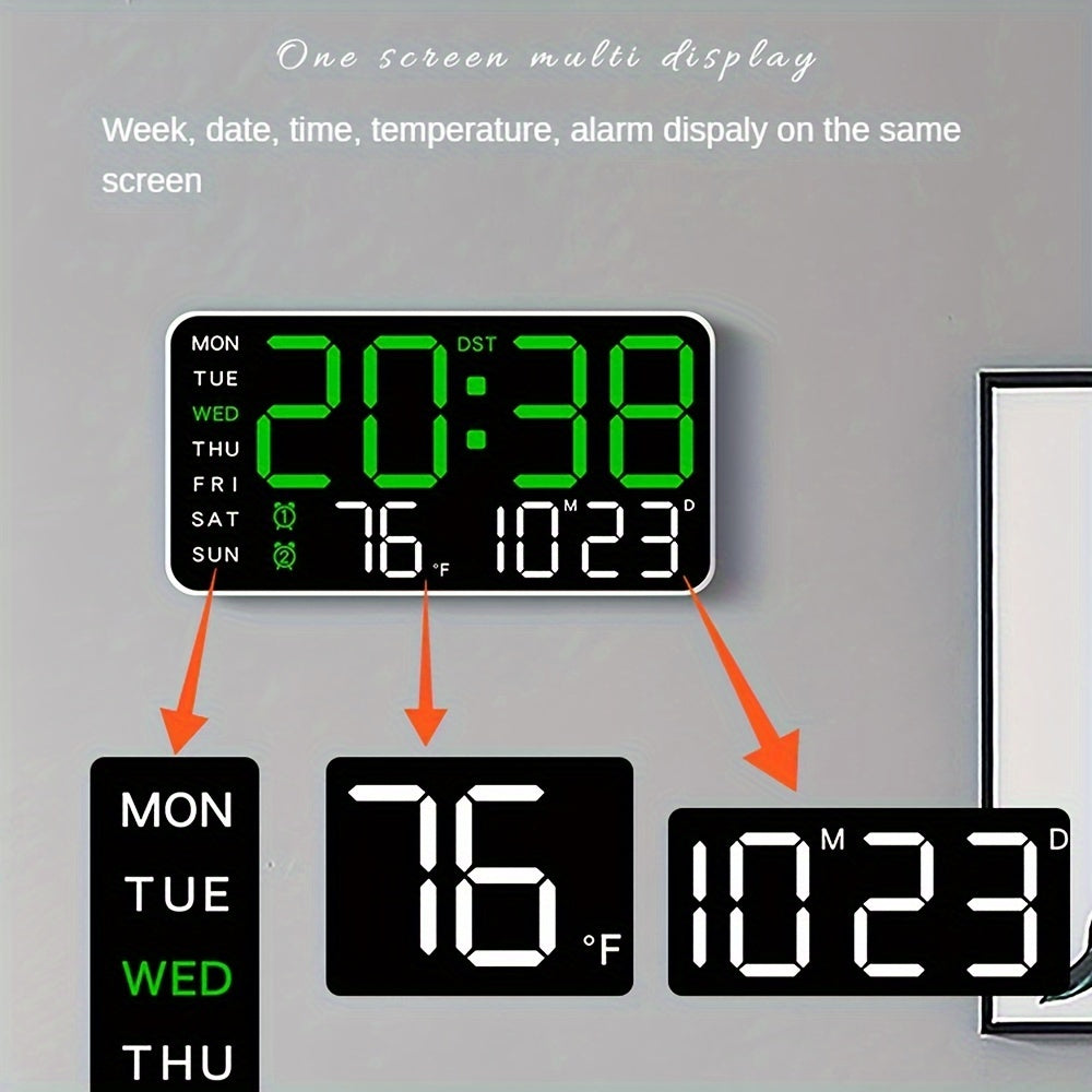 Large Digital Wall Clock with Calendar Temperature Voice Activation Adjustable Brightness and Chime in White Plastic