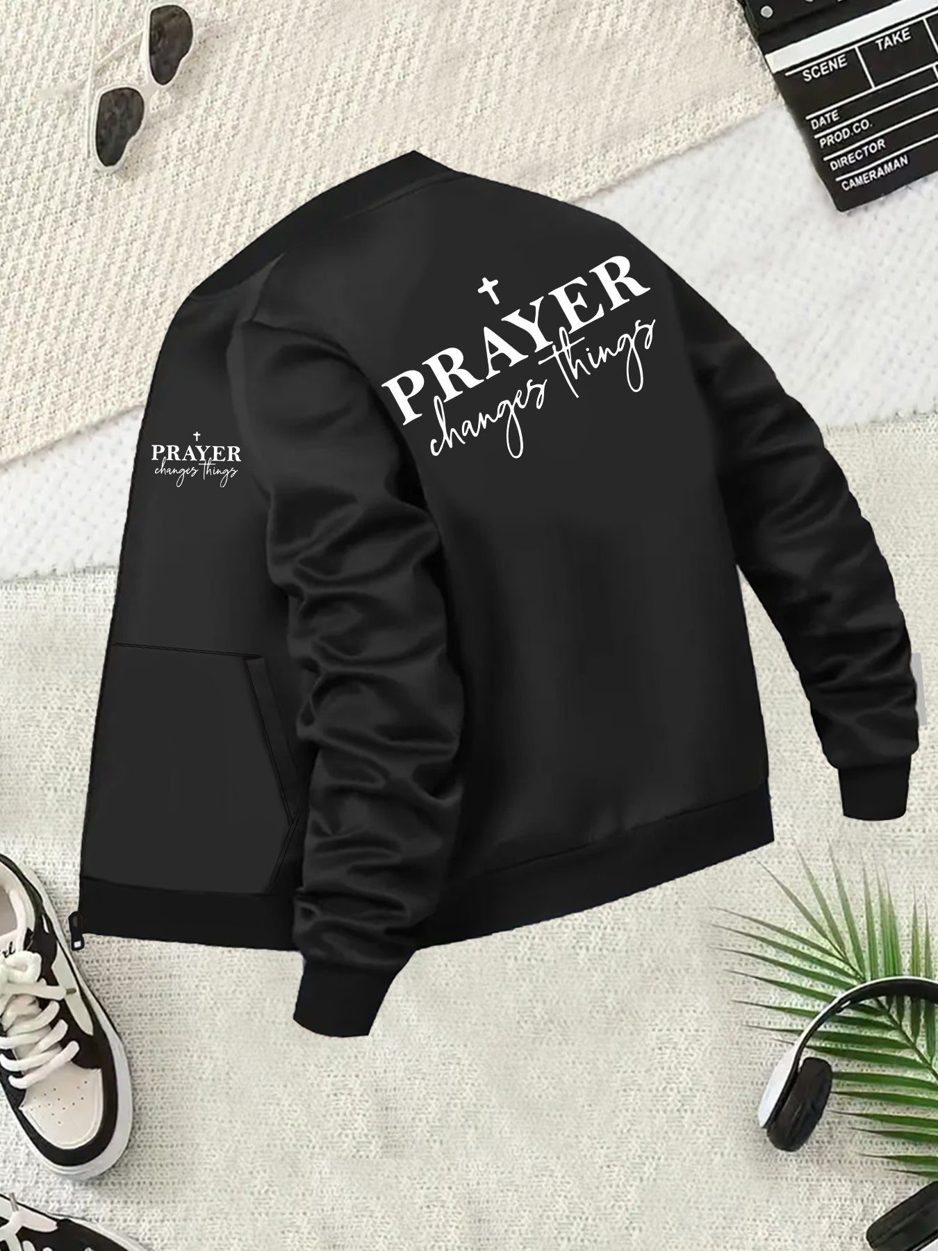 Plus Size Women's Black Jacket with Prayer Graphic Back Coat