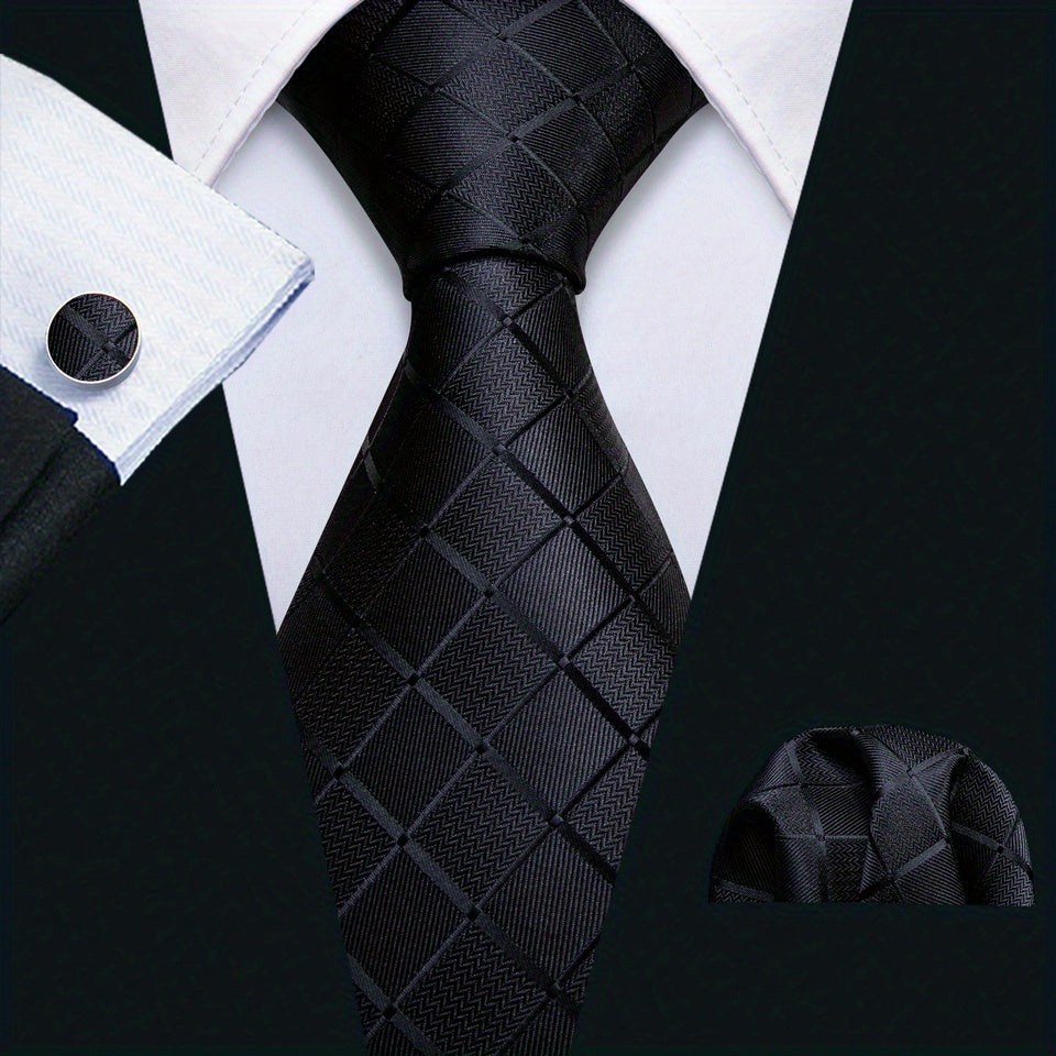 Perfect Gift: Matching Black Plaid Jacquard Tie, Cufflinks, and Pocket Square Towel Set for Parties, Weddings, and Proms