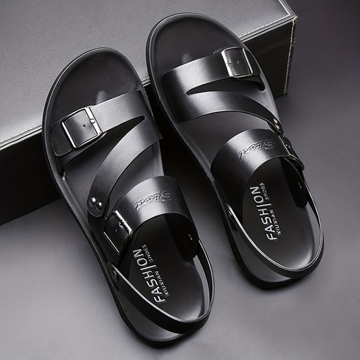 Men's Brown Casual Slip-On Sandals with Rubber Sole Adjustable Buckle