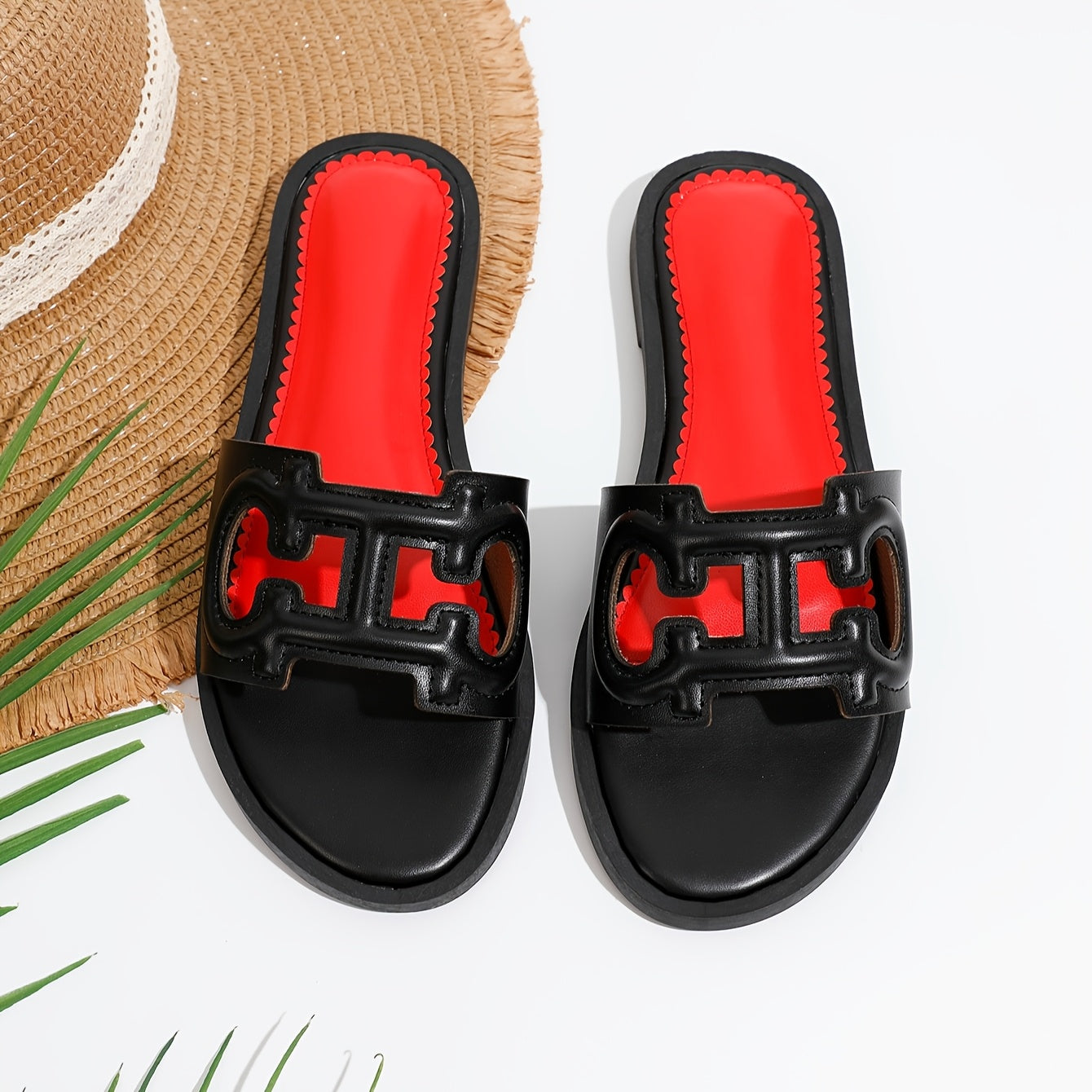 Women's Summer Slip-On Slippers Black PU Open-Toe Flat Casual